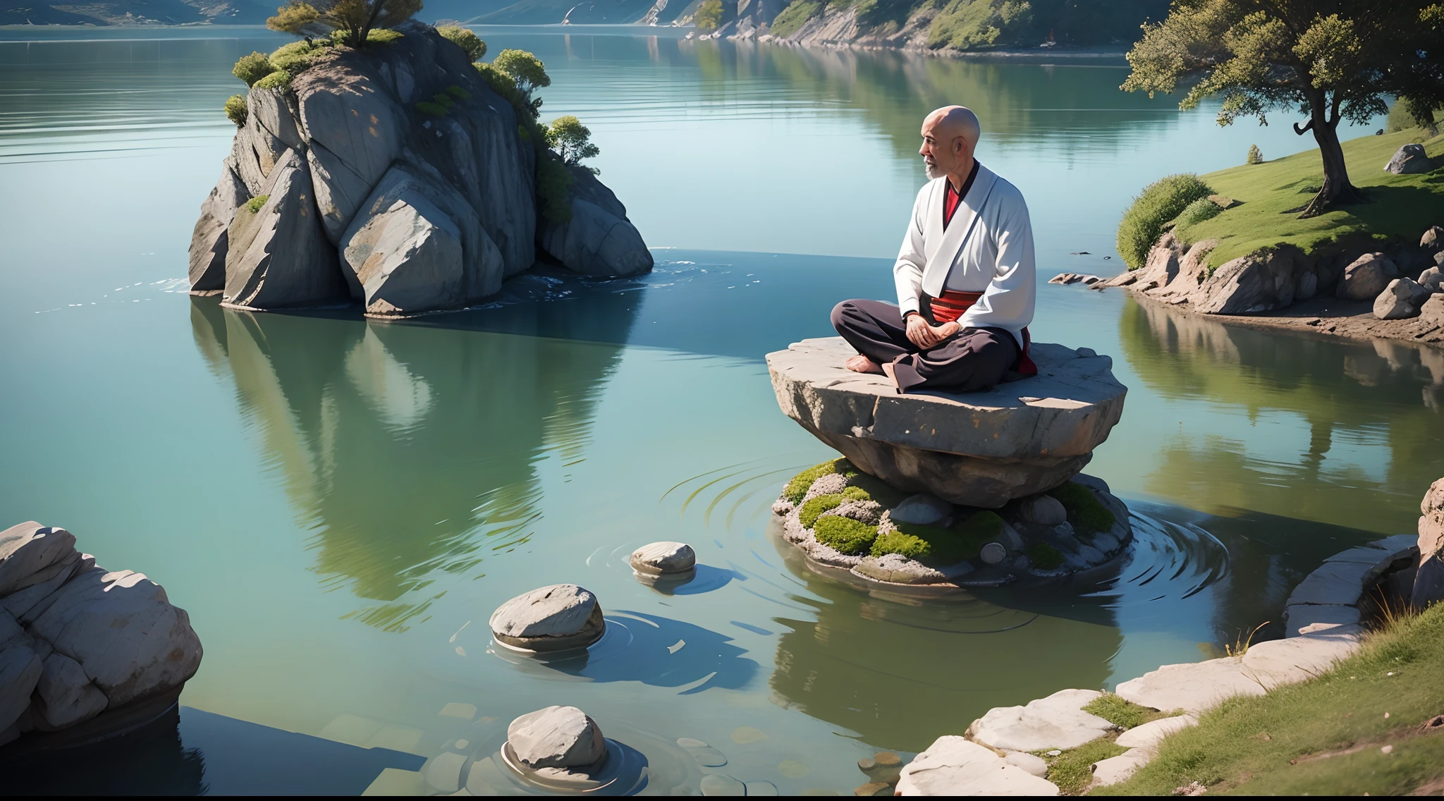 mestre zen budista, meditation , lago , paisagem tranquila, pedras