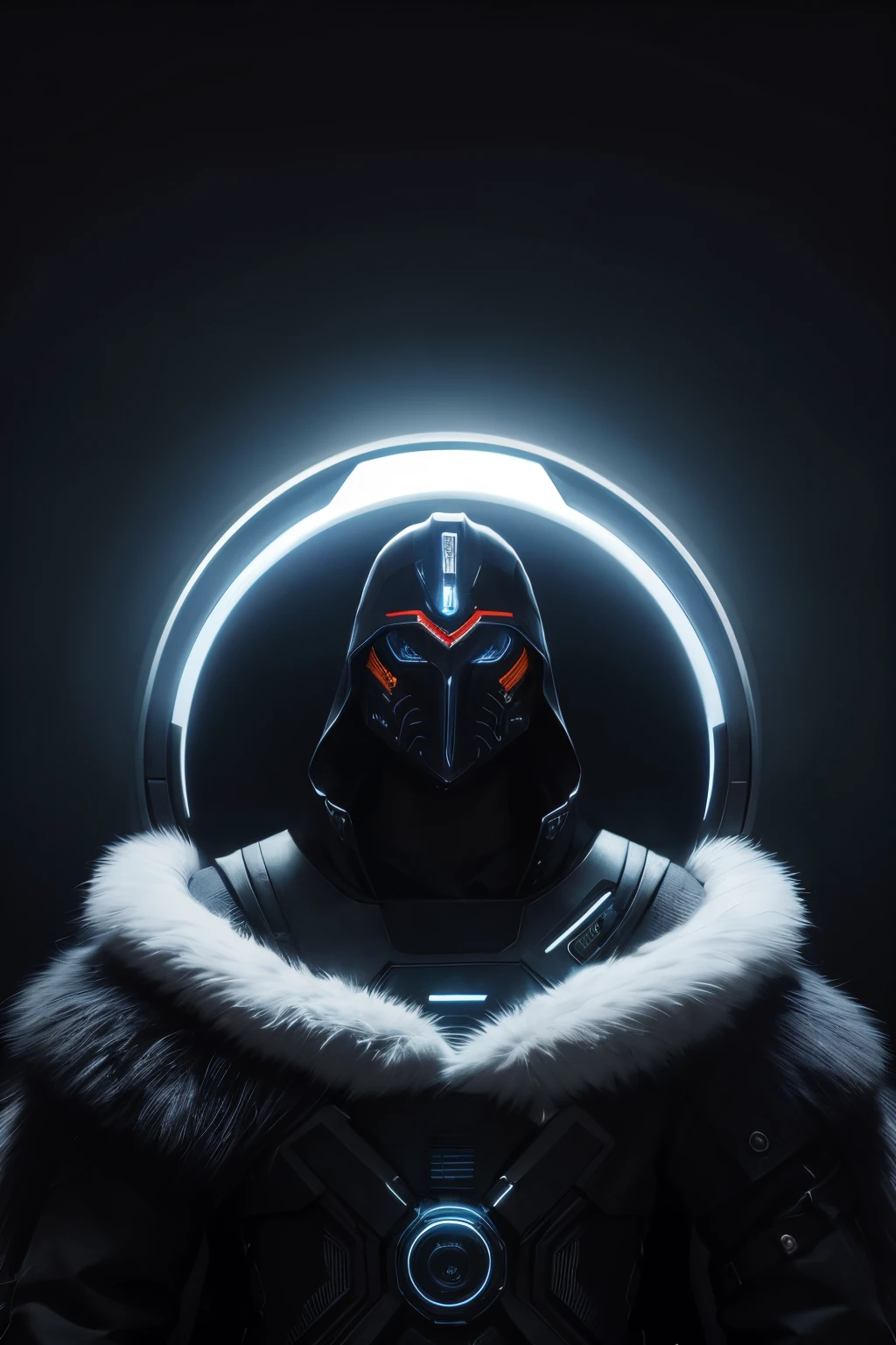 Man in unique mask with cosmic eyes and futuristic overcoat, pose triunfante visto de baixo para cima, divine superior being with halo on simple smoky background, futuristic mask, estilo cyberpunk, Foto realista, 8k, 4k, extreme res, ultra high-resolution, dynamic lighting, conquistador de mundos sobre uma pilha de morte