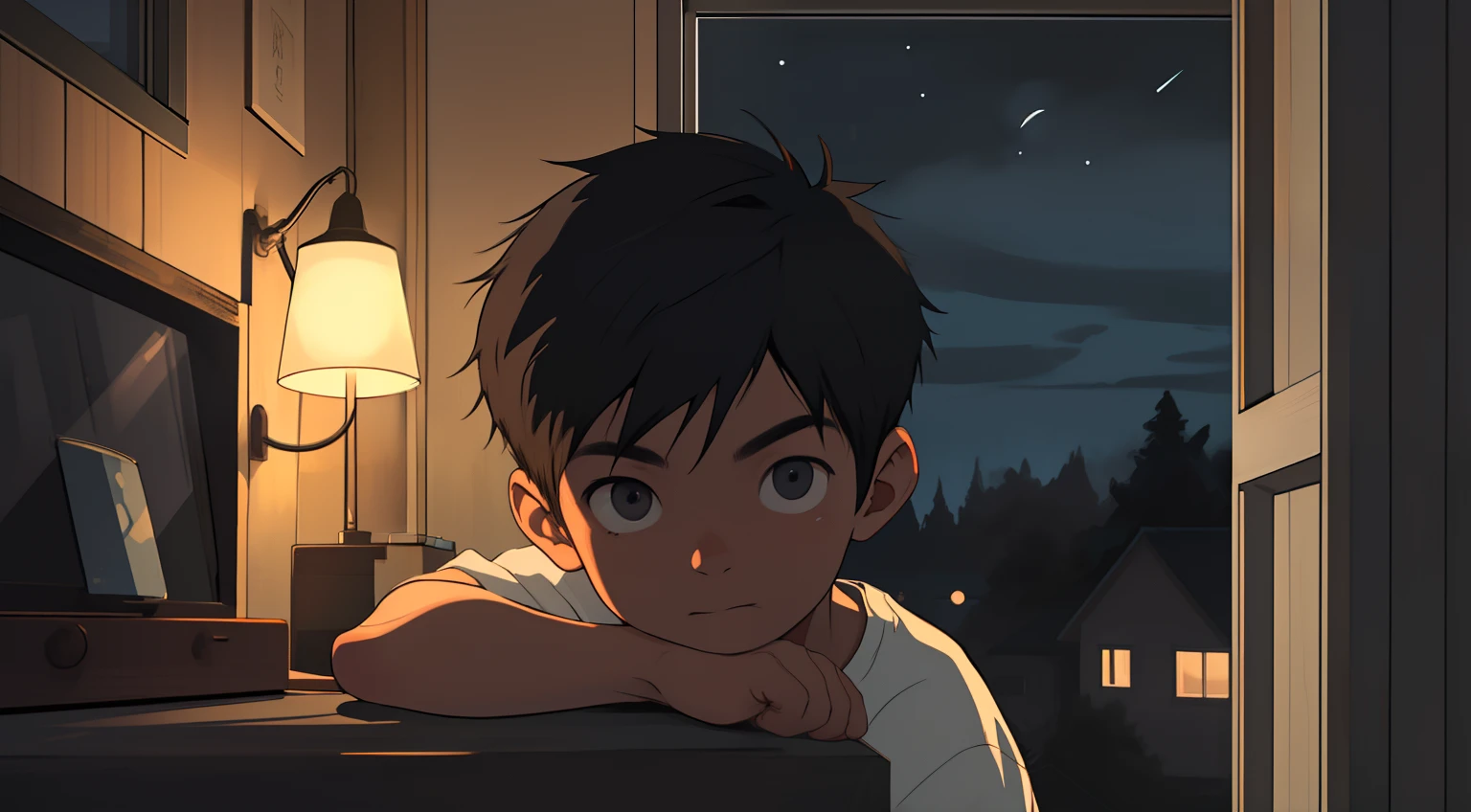 Closeup of a boy seeing outside his bedroom window at night