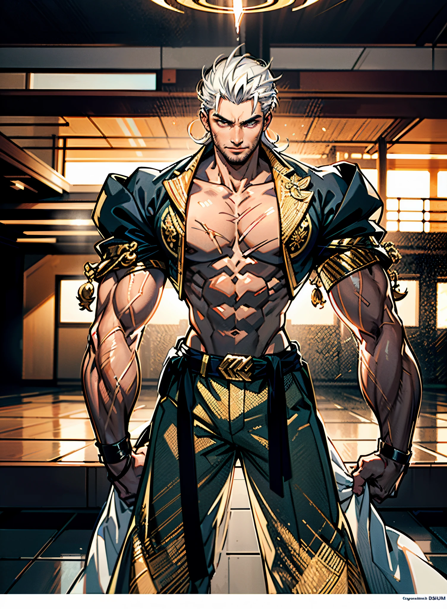 A young man, dense black-gold long hair, standing tall with upright hair, a majestic countenance, confident gaze, a scar under the eyes, a hearty smile, a fantasy-realistic tattered half-length martial arts outfit, short-sleeved, open-front robe revealing muscular physique, a coarse cloth belt around his waist, coarse trousers, towering and robust figure, he stands proudly, a glowing dark purple energy aura, the background depicts a black-and-white sky forming a yin-yang symbol, this character embodies a finely crafted fantasy-realistic martial artist in anime style, characterized by an exquisite and mature manga illustration art style, high definition, best quality, highres, ultra-detailed, ultra-fine painting, extremely delicate, professional, anatomically correct, symmetrical face, extremely detailed eyes and face, high quality eyes, creativity, RAW photo, UHD, 8k, Natural light, cinematic lighting, masterpiece-anatomy-perfect, masterpiece:1.5