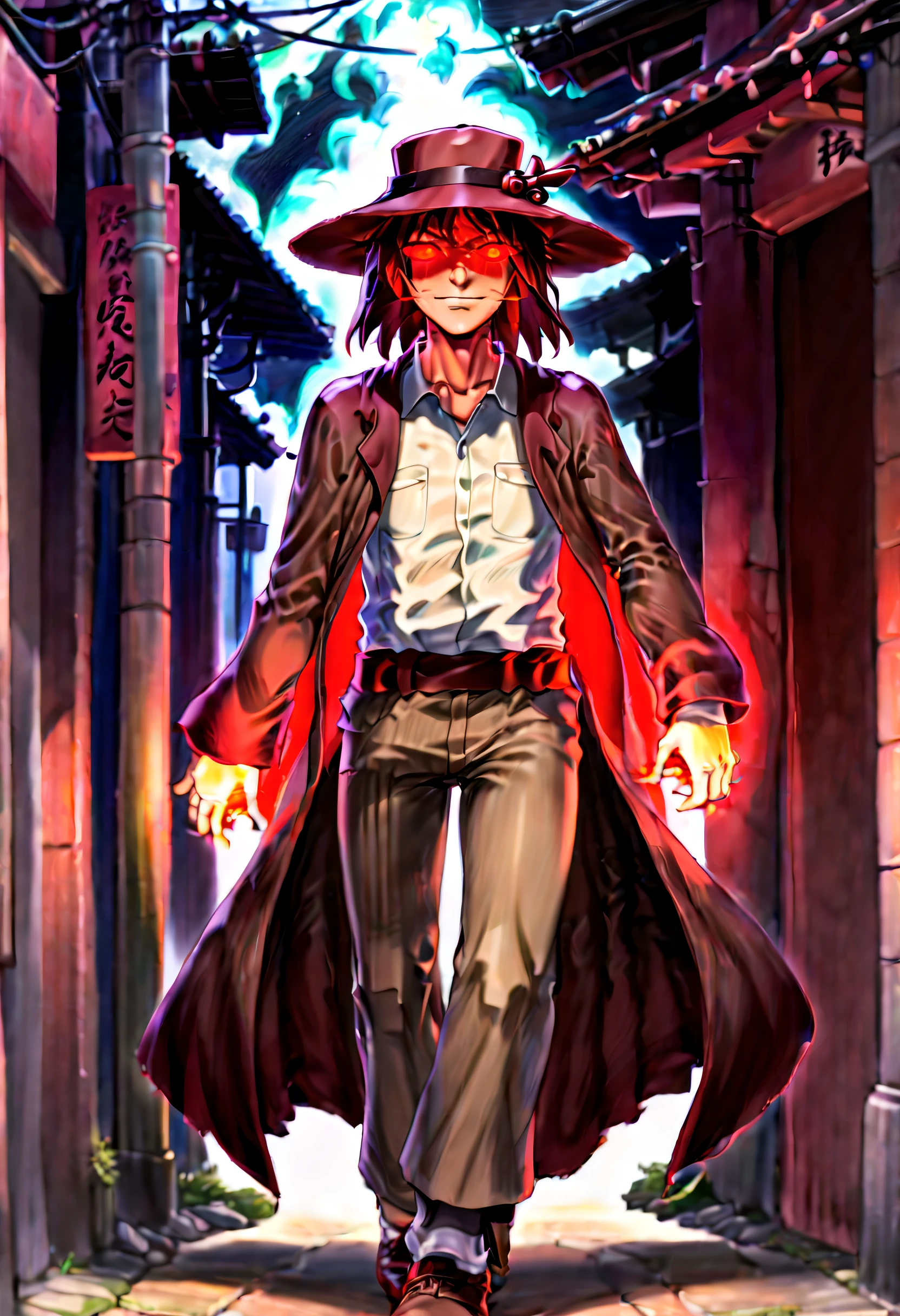 Caleb, anime artwork of a man in toky street, hat and red glowing eyes, in ghibli style, detailed, masterpiece, full body, martial pose