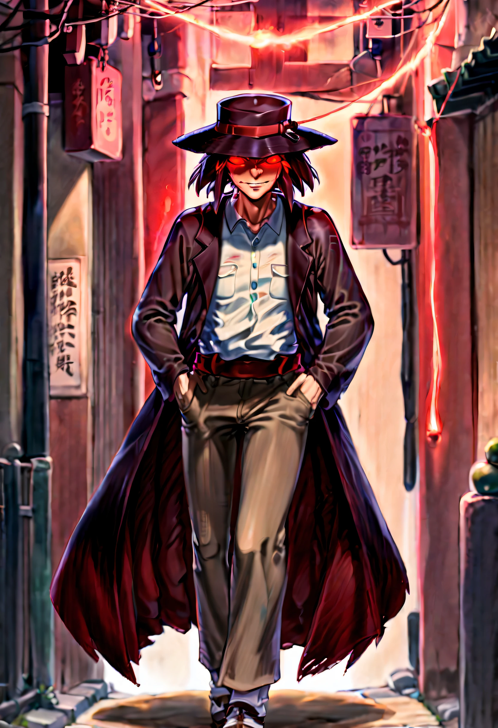 Caleb, anime artwork of a man in toky street, hat and red glowing eyes, in ghibli style, detailed, masterpiece, full body, martial pose