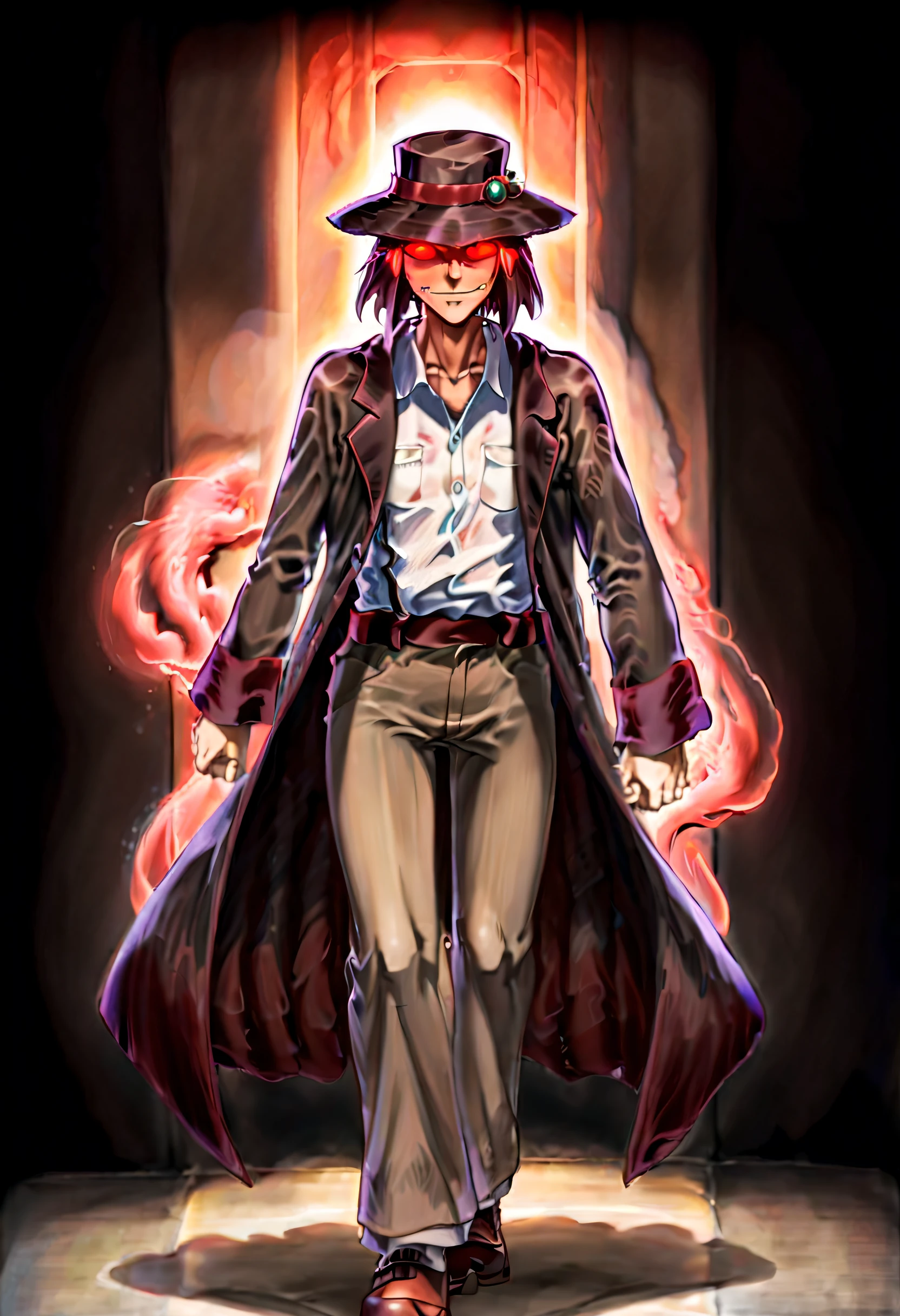 Caleb, anime artwork of a man in toky street, hat and red glowing eyes, in ghibli style, detailed, masterpiece, full body, martial pose