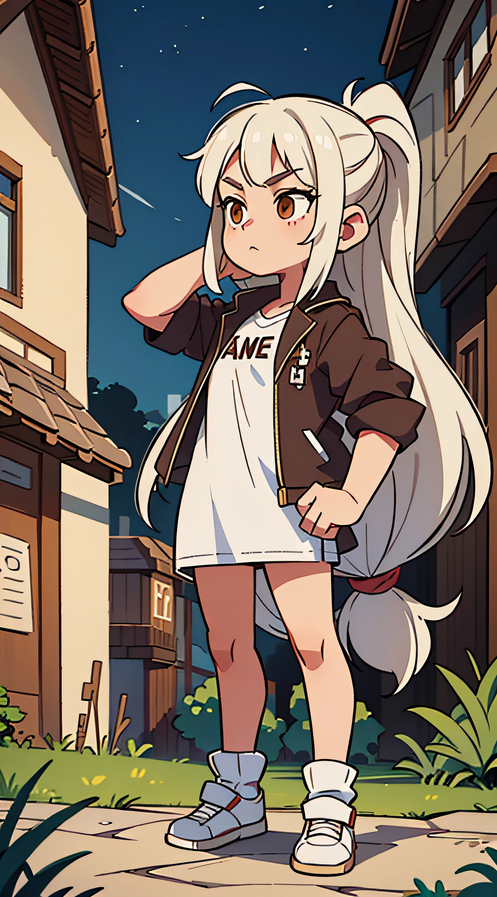 a long-haired girl with brown hair stands next to a white-haired man. street. the night. gang. danger