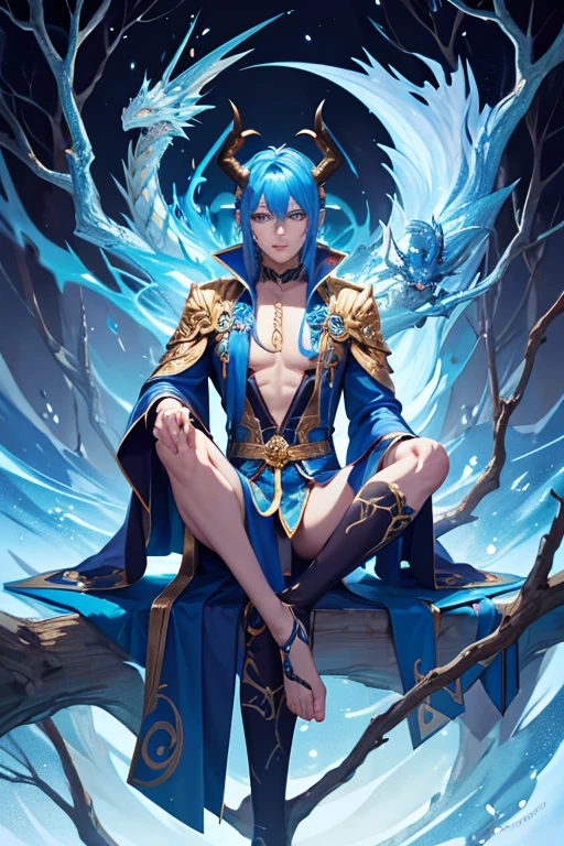 A blue skinned dragon male god with blue hair with ornate robes and golden eyes and golden horns and blue gloves is sitting on a branch