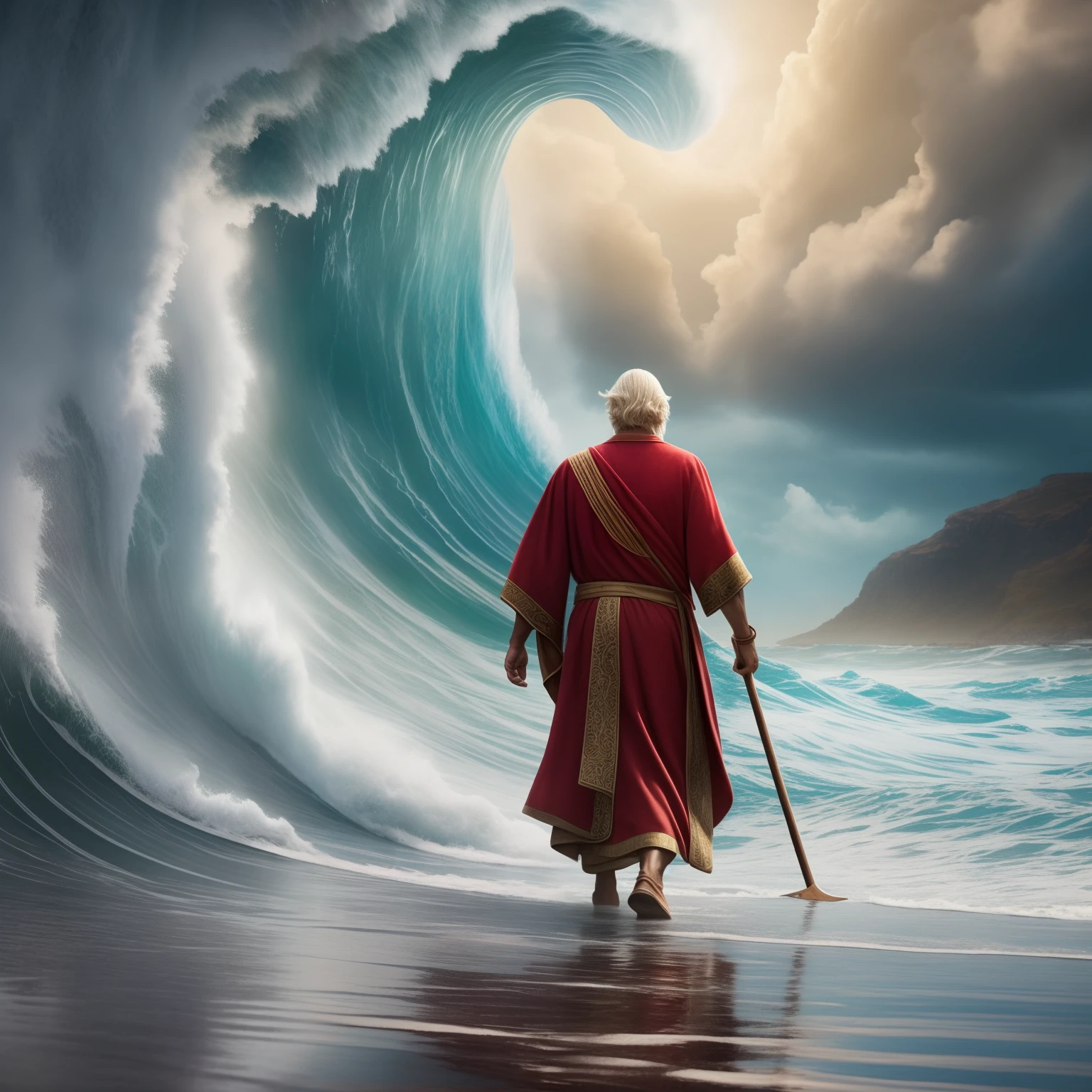 A realistic Moses from the back, with a red robe and white hair from the biblical story, holding a large flat wooden staff, walking on a sea that moves in waves, cinematic style, ratio: [1024x1024] resolution: [1:1] quality UHD  - --auto --s2