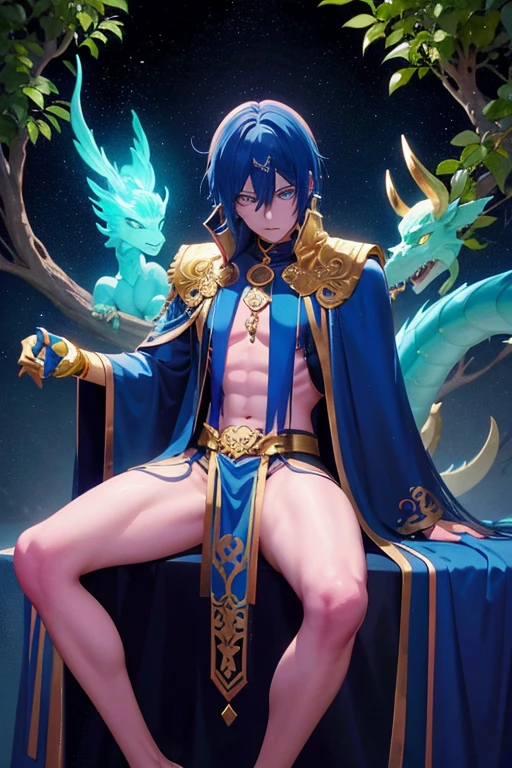 A blue skinned dragon male god with blue hair with ornate robes and golden eyes and golden horns and blue gloves is sitting on a branch