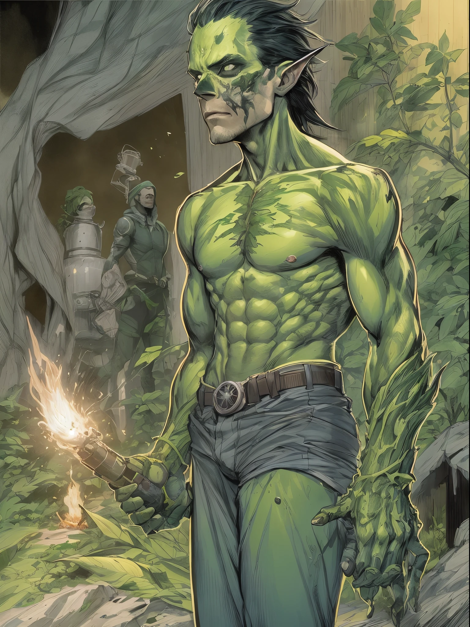 un primer plano de un hombre con una llama verde en la cabeza y torso, humano resplandeciente, Como se ilustra en Top Cow Comics, Brillando en poder, Sosteniendo fuego verde, Hoja de alma verde brillante,esqueleto,esqueleto humano,huesesos,deretirse,nuclear