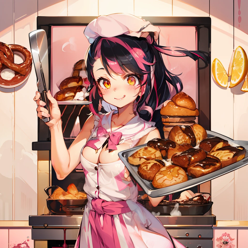 blush, cleavage,, red eyes, red fingerless gloves,glowing aura, natural light, masterpiece,  glossy skin, juicy lips ,long hair, cute, kawaii, adorable, reaching up, adult, cuddle, kawaii clothes,random hair style, random clothes, black hair, (((pink streaks in hair))), yellow eyes, blood, knife, yandere, smile, tounge, looking up, smoking, baking, cooking, aweets