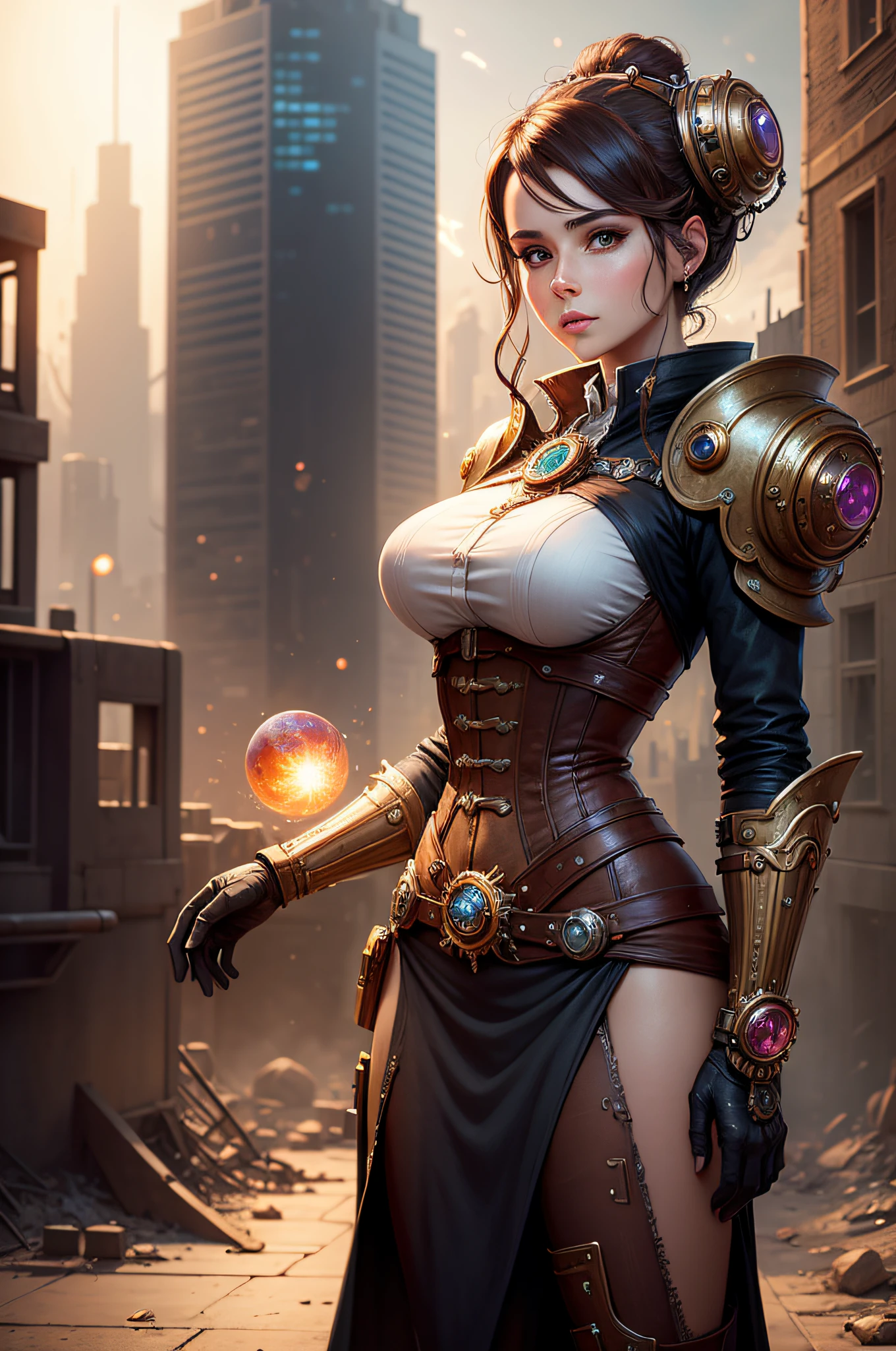 A beautiful and highly detailed steampunk biomeca woman. In a post-apocalyptic city. With a planet exploding in the distance and the magnificent and detailed galaxy