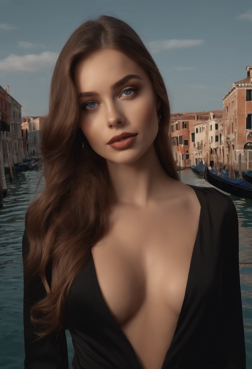 Latino and Swedish Woman, sexy girl with blue eyes, ultra realist, Meticulously detailed, Portrait Sophie Mudd, brown hair and big eyes, selfie of a young woman, Venice background, black suite, with makeup, natural makeup, looking straight at camera , Face with Artgram, Subtle makeup, Great photo of the whole body standing, in the room, Medium to large bust, in sexy outfit, standing on venice canal