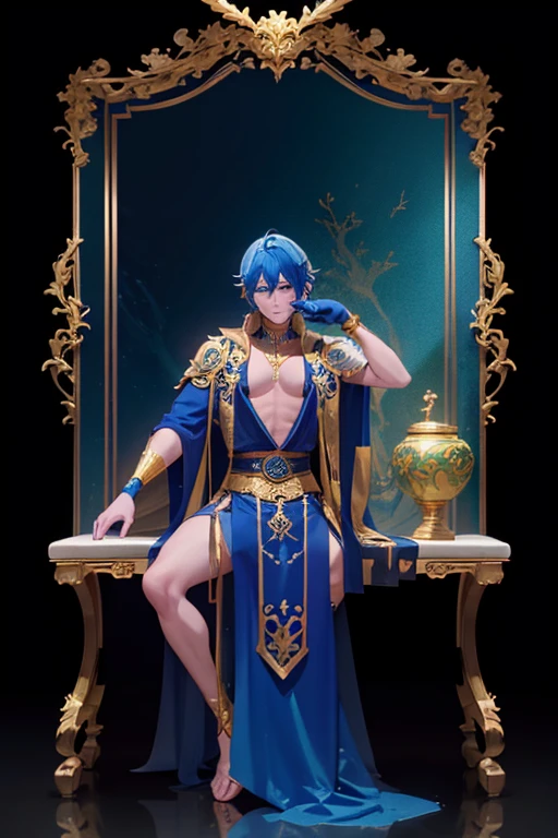 A blue skinned dragon male god with blue hair with ornate robes and golden eyes and golden horns and blue gloves is sitting on a branch