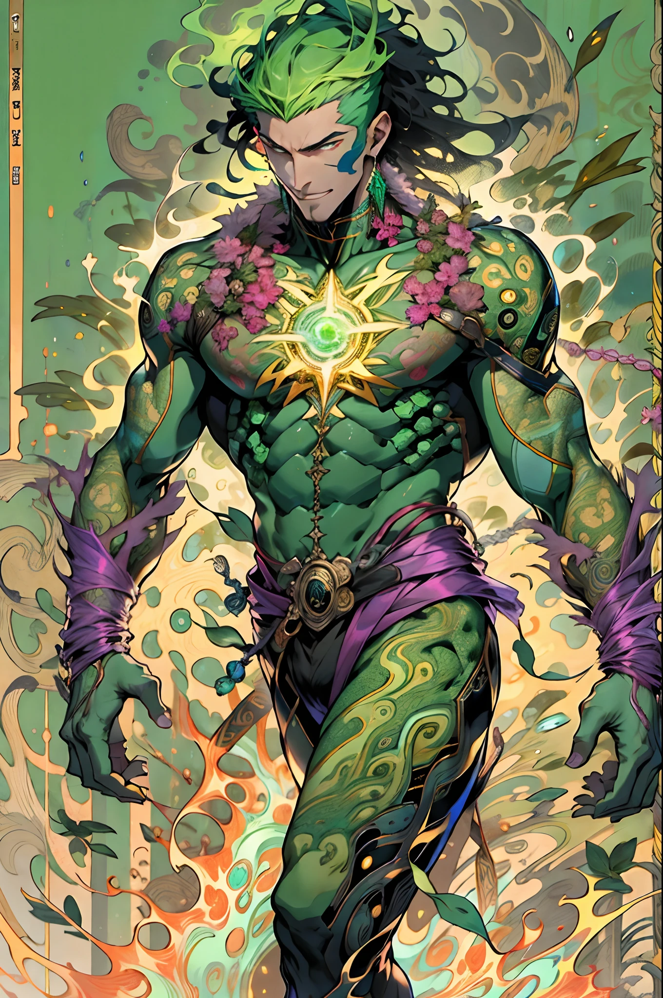 un primer plano de un hombre con fuego verde en la cabeza y torso, humano resplandeciente, Como se ilustra en Top Cow Comics, Brillando en poder, Sosteniendo fuego verde, Hoja de alma verde brillante,esqueleto,esqueleto humano,huesesos,deretirse,nuclear,(1hombre)