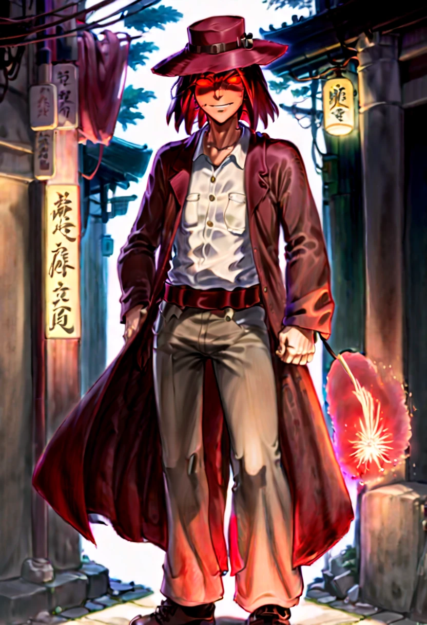 Caleb, anime artwork of a man in toky street, hat and red glowing eyes, in ghibli style, detailed, masterpiece, full body, martial pose