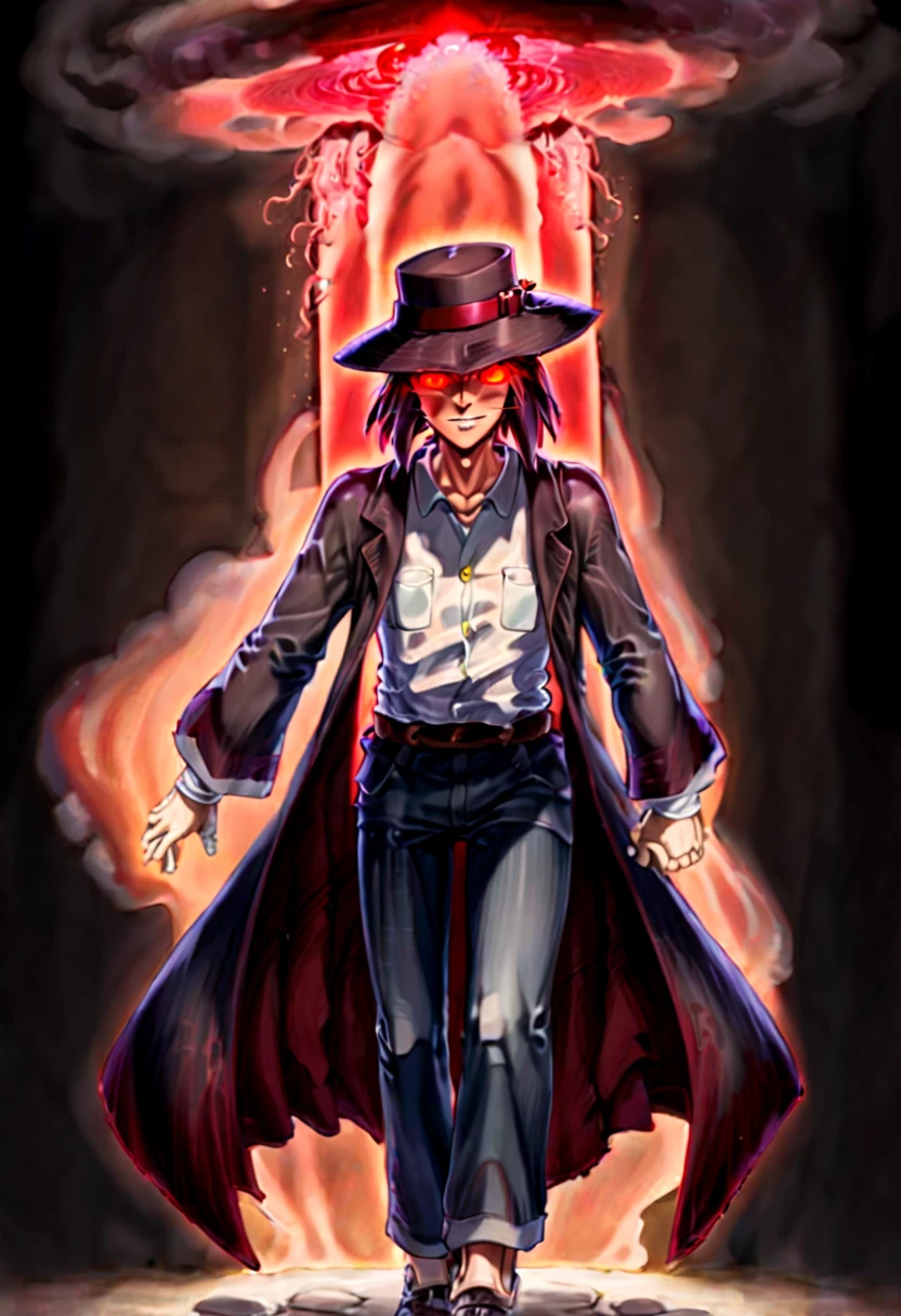 Caleb, anime artwork of a man in toky street, hat and red glowing eyes, in ghibli style, detailed, masterpiece, full body, martial pose