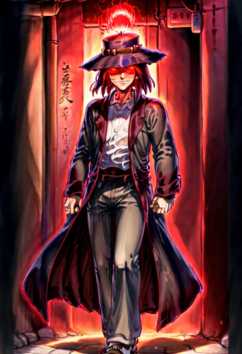 Caleb, anime artwork of a man in toky street, hat and red glowing eyes, in ghibli style, detailed, masterpiece, full body, martial pose