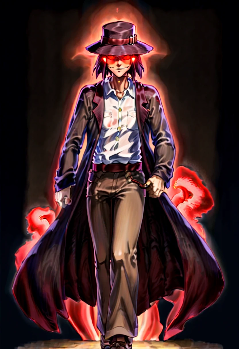 Caleb, anime artwork of a man in toky street, hat and red glowing eyes, in ghibli style, detailed, masterpiece, full body, martial pose