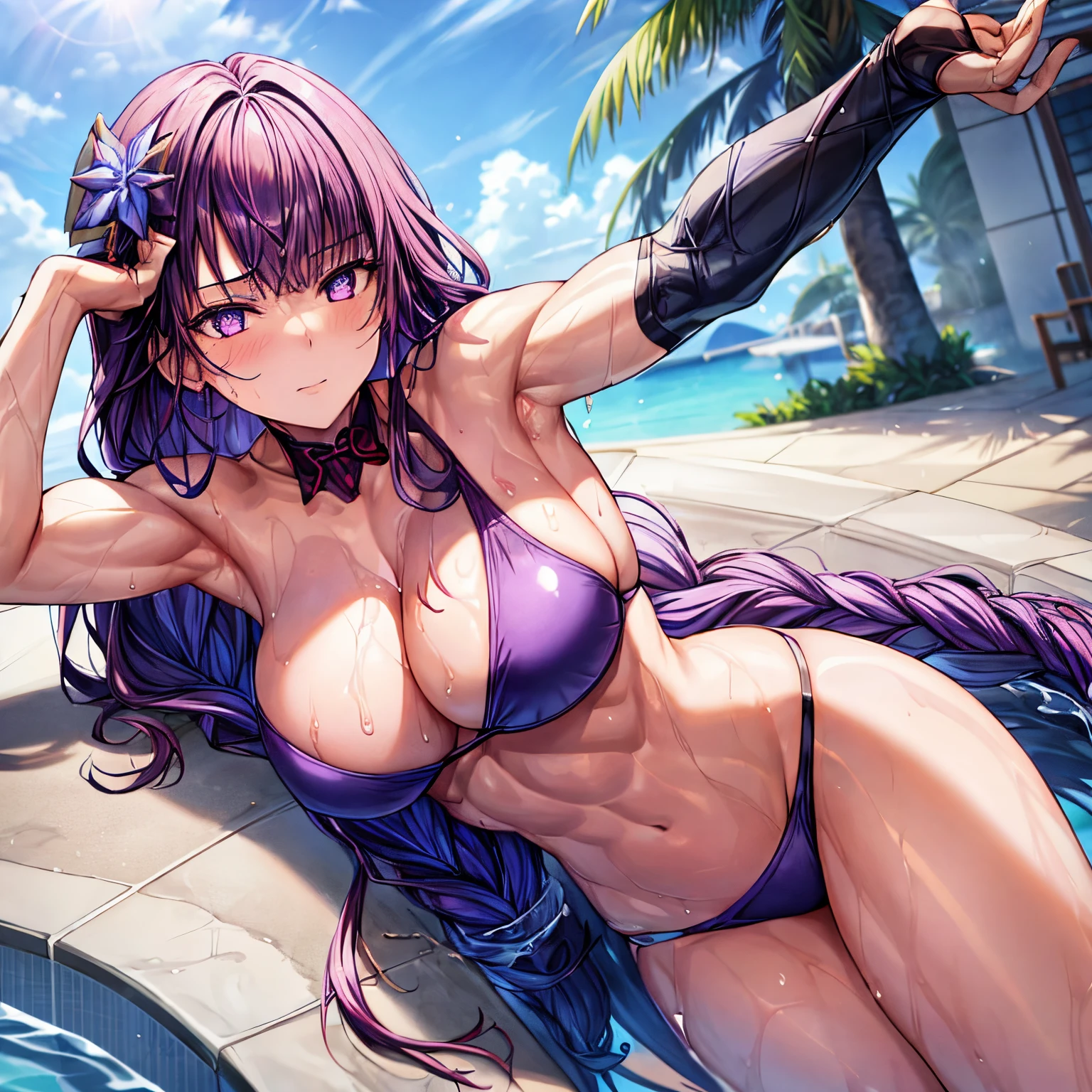 1girl, alone, beautiful, (((muscular thighs))), big breasts, wearing purple gradient bikini, in the pool, pure eyes, realistic pupils, highly detailed eyes, perfect anatomy, good anatomy, good composition, armpits, sweating, mother , milf, muscular belly, narrow waist, lubricating skin in the groin area, oily skin, red armpits, sweaty armpits