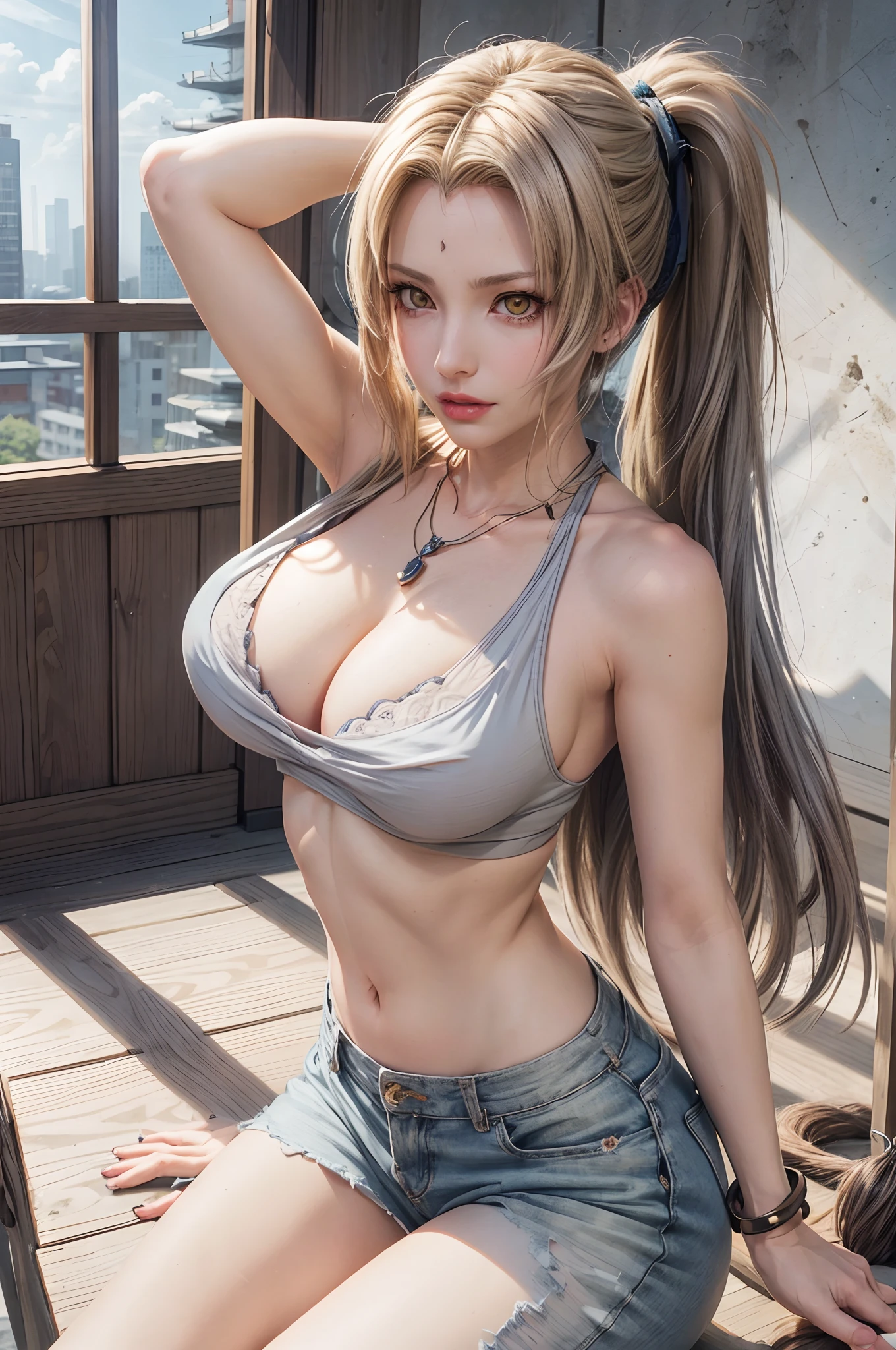 realistic, 1girls, Tsunade, best quality, 12k, HD, long hair, big round breasts, cleavage, ponytail, necklace, jewelry, shorts, slim hips, hair band, yellow eyes, yellow hair, super detailed, Eye details , hair details, person details, mouth details, face details, breast details, clothes details, hair details, pants details, hand details, whole body