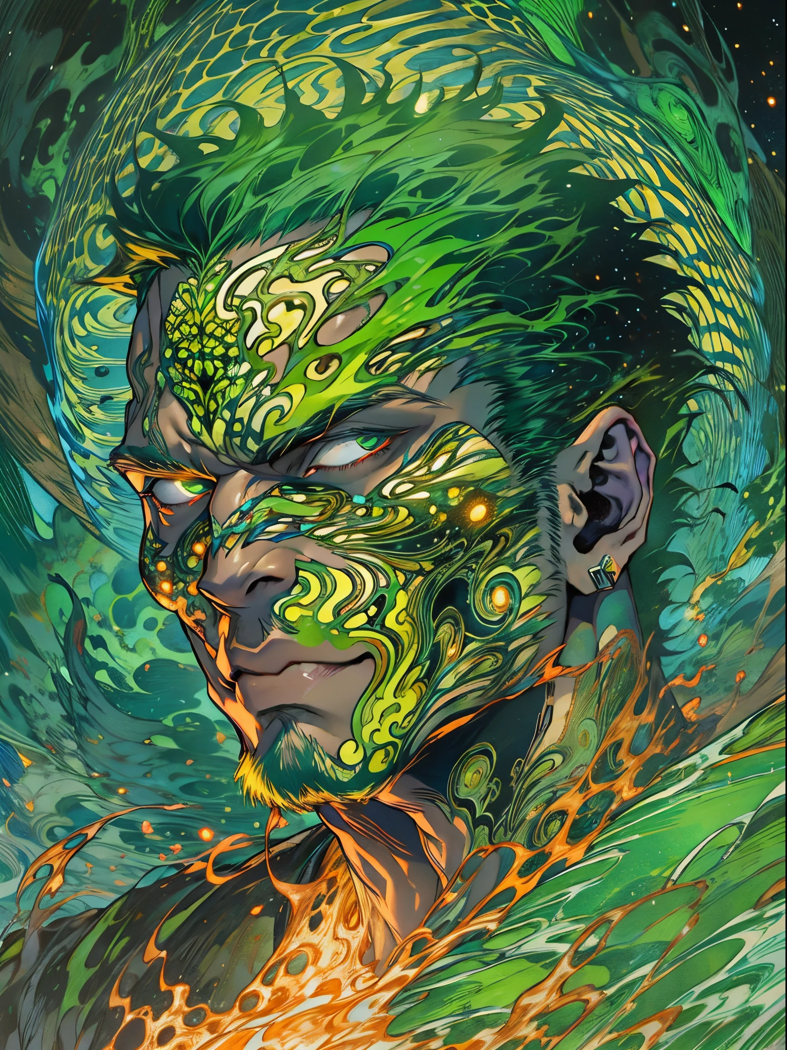 un primer plano de un hombre con fuego verde en la cabeza y torso, humano resplandeciente, Como se ilustra en Top Cow Comics, Brillando en poder, Sosteniendo fuego verde, Hoja de alma verde brillante,esqueleto,esqueleto humano,huesesos,deretirse,nuclear,(1hombre)