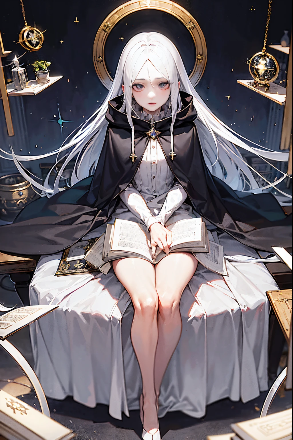 a hooded androgynous figure with long white hair sitting on a throne and holding a open book, room lit by flying candles full of books and bookshelves, magical entity, with a big round window in the background showing stars and the moon, perfect lips, symmetrical face, porcelain skin, HDR, UHD, realistic, studio lighting