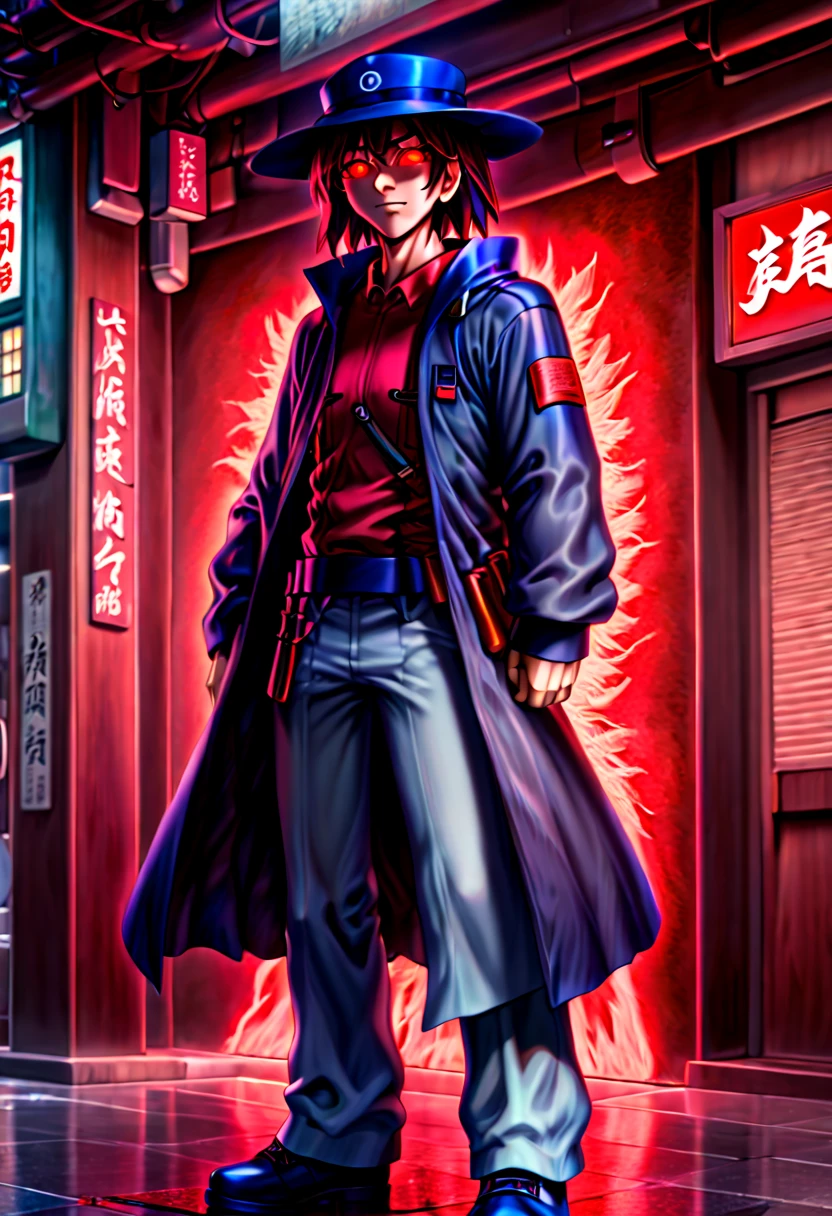 caleb,anime artwork,tokyo street,hat,red glowing eyes,ghibli style,extremely detailed,martial pose,full body,hdr,vivid colors,ultra-fine painting,physically-based rendering,8k, super detail, ccurate, best quality, best quality, high quality, super detail, anatomically correct, retina, UHD, masterpiece, ccurate, textured skin, high details, award winning, highres, 1080P, HD,drop shadow, anaglyph, stereogram, tachi-e, pov, atmospheric perspective, 8k, super detail, ccurate, best quality