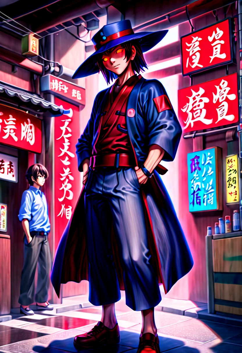 caleb,anime artwork,tokyo street,hat,red glowing eyes,ghibli style,extremely detailed,martial pose,full body,hdr,vivid colors,ultra-fine painting,physically-based rendering,8k, super detail, ccurate, best quality, best quality, high quality, super detail, anatomically correct, retina, UHD, masterpiece, ccurate, textured skin, high details, award winning, highres, 1080P, HD,drop shadow, anaglyph, stereogram, tachi-e, pov, atmospheric perspective, 8k, super detail, ccurate, best quality