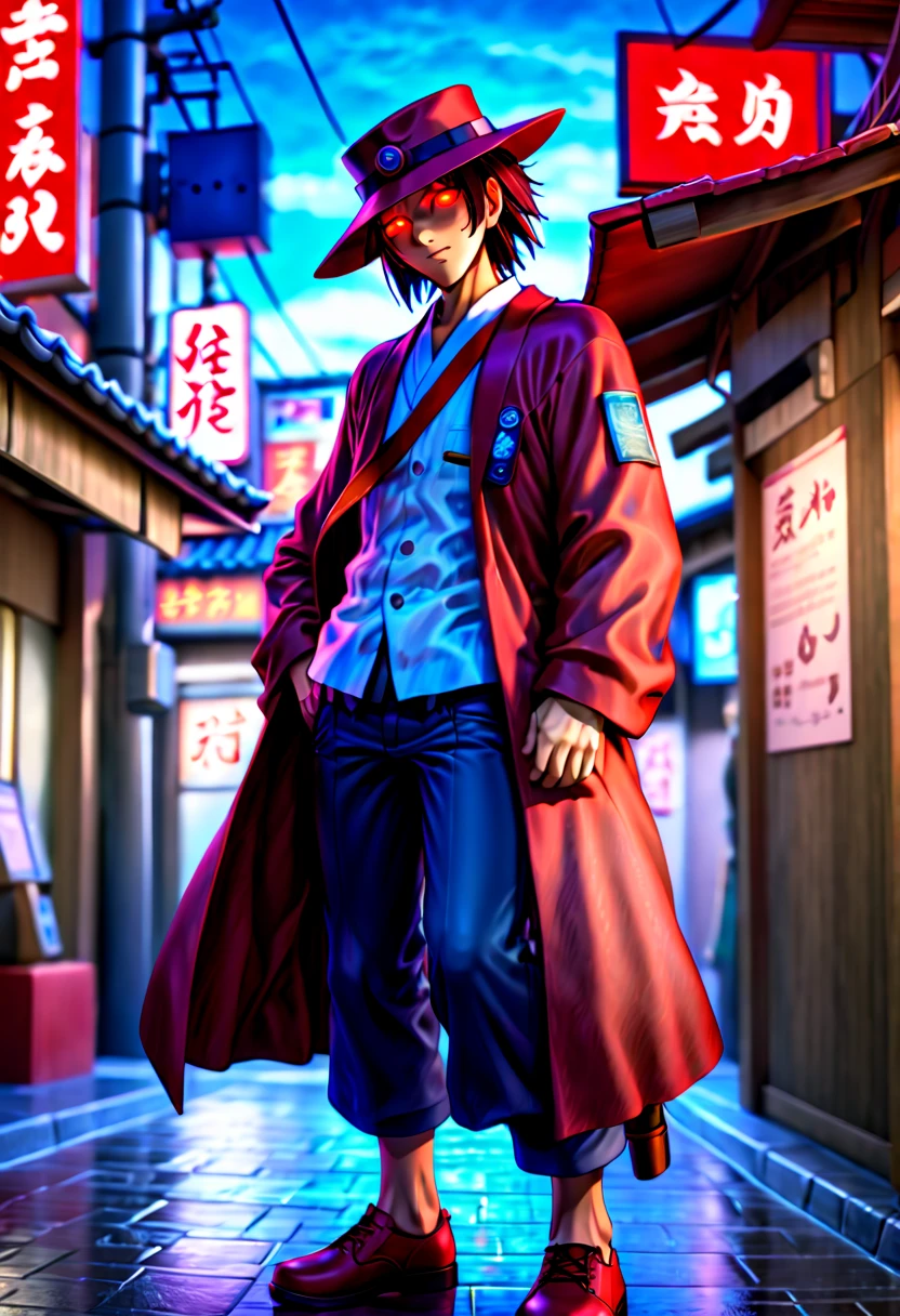 caleb,anime artwork,tokyo street,hat,red glowing eyes,ghibli style,extremely detailed,martial pose,full body,hdr,vivid colors,ultra-fine painting,physically-based rendering,8k, super detail, ccurate, best quality, best quality, high quality, super detail, anatomically correct, retina, UHD, masterpiece, ccurate, textured skin, high details, award winning, highres, 1080P, HD,drop shadow, anaglyph, stereogram, tachi-e, pov, atmospheric perspective, 8k, super detail, ccurate, best quality