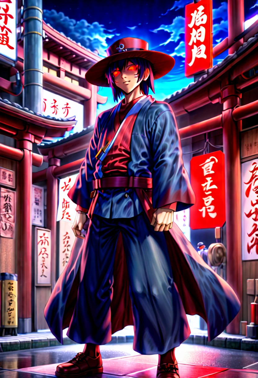 caleb,anime artwork,tokyo street,hat,red glowing eyes,ghibli style,extremely detailed,martial pose,full body,hdr,vivid colors,ultra-fine painting,physically-based rendering,8k, super detail, ccurate, best quality, best quality, high quality, super detail, anatomically correct, retina, UHD, masterpiece, ccurate, textured skin, high details, award winning, highres, 1080P, HD,drop shadow, anaglyph, stereogram, tachi-e, pov, atmospheric perspective, 8k, super detail, ccurate, best quality