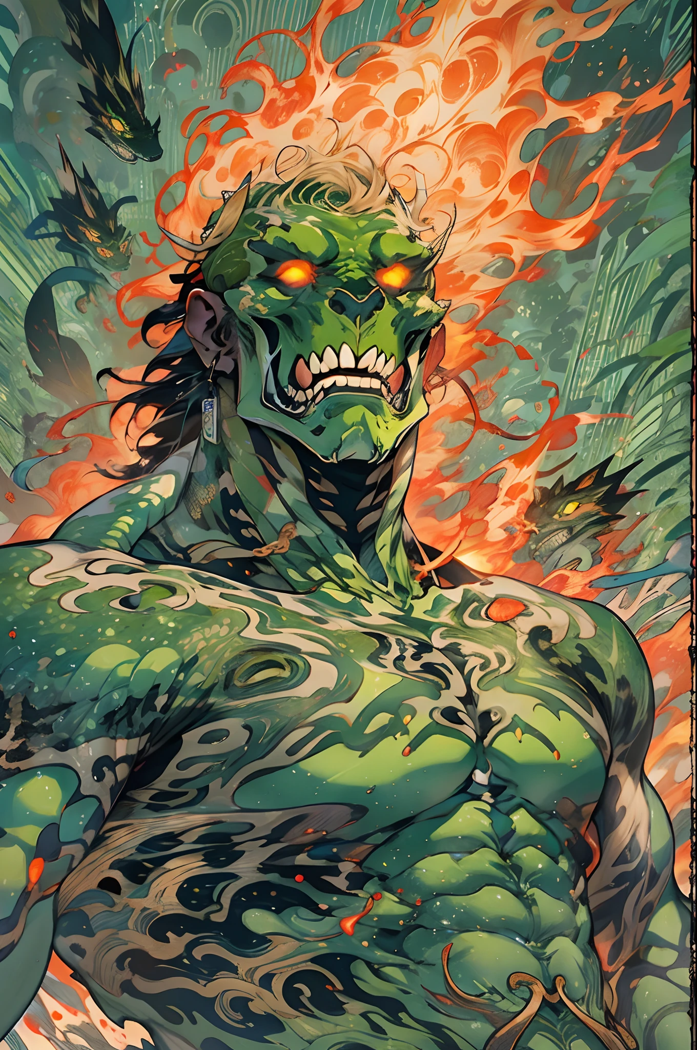 un primer plano de un hombre con fuego verde en la cabeza y torso, humano resplandeciente, Como se ilustra en Top Cow Comics, Brillando en poder, Sosteniendo fuego verde, Hoja de alma verde brillante,esqueleto,esqueleto humano,huesesos,deretirse,nuclear,(1hombre)
