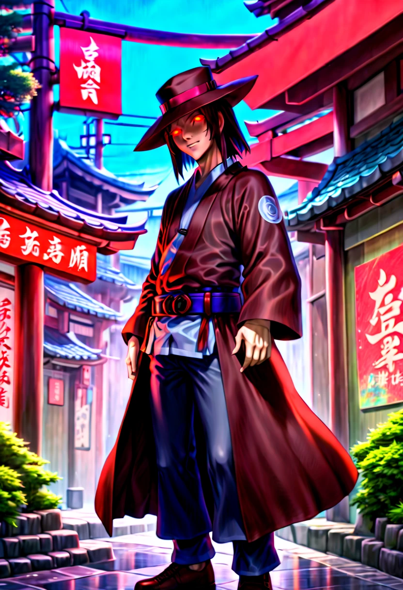 caleb,anime artwork,tokyo street,hat,red glowing eyes,ghibli style,extremely detailed,martial pose,full body,hdr,vivid colors,ultra-fine painting,physically-based rendering,8k, super detail, ccurate, best quality, best quality, high quality, super detail, anatomically correct, retina, UHD, masterpiece, ccurate, textured skin, high details, award winning, highres, 1080P, HD,drop shadow, anaglyph, stereogram, tachi-e, pov, atmospheric perspective, 8k, super detail, ccurate, best quality, background forest city fantasy