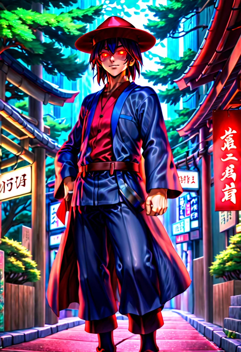 caleb,anime artwork,tokyo street,hat,red glowing eyes,ghibli style,extremely detailed,martial pose,full body,hdr,vivid colors,ultra-fine painting,physically-based rendering,8k, super detail, ccurate, best quality, best quality, high quality, super detail, anatomically correct, retina, UHD, masterpiece, ccurate, textured skin, high details, award winning, highres, 1080P, HD,drop shadow, anaglyph, stereogram, tachi-e, pov, atmospheric perspective, 8k, super detail, ccurate, best quality, background forest city fantasy