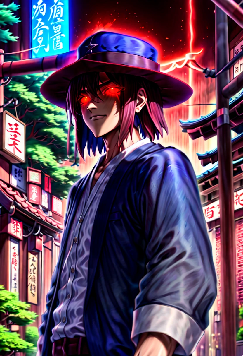 caleb,anime artwork,tokyo street,hat,red glowing eyes,ghibli style,extremely detailed,martial pose,full body,hdr,vivid colors,ultra-fine painting,physically-based rendering,8k, super detail, ccurate, best quality, best quality, high quality, super detail, anatomically correct, retina, UHD, masterpiece, ccurate, textured skin, high details, award winning, highres, 1080P, HD,drop shadow, anaglyph, stereogram, tachi-e, pov, atmospheric perspective, 8k, super detail, ccurate, best quality, background forest city fantasy