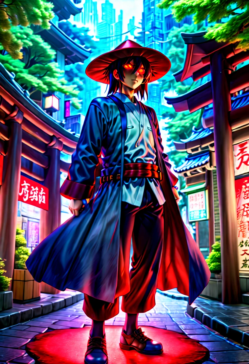 caleb,anime artwork,tokyo street,hat,red glowing eyes,ghibli style,extremely detailed,martial pose,full body,hdr,vivid colors,ultra-fine painting,physically-based rendering,8k, super detail, ccurate, best quality, best quality, high quality, super detail, anatomically correct, retina, UHD, masterpiece, ccurate, textured skin, high details, award winning, highres, 1080P, HD,drop shadow, anaglyph, stereogram, tachi-e, pov, atmospheric perspective, 8k, super detail, ccurate, best quality, background forest city fantasy