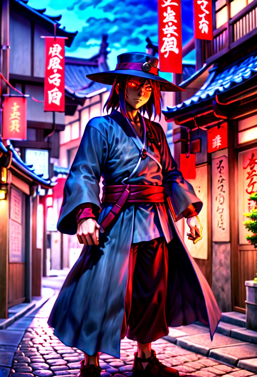 caleb,anime artwork,tokyo street,hat,red glowing eyes,ghibli style,extremely detailed,martial pose,full body,hdr,vivid colors,ultra-fine painting,physically-based rendering,8k, super detail, ccurate, best quality, best quality, high quality, super detail, anatomically correct, retina, UHD, masterpiece, ccurate, textured skin, high details, award winning, highres, 1080P, HD,drop shadow, anaglyph, stereogram, tachi-e, pov, atmospheric perspective, 8k, super detail, ccurate, best quality, background magical city fantasy rpg europe