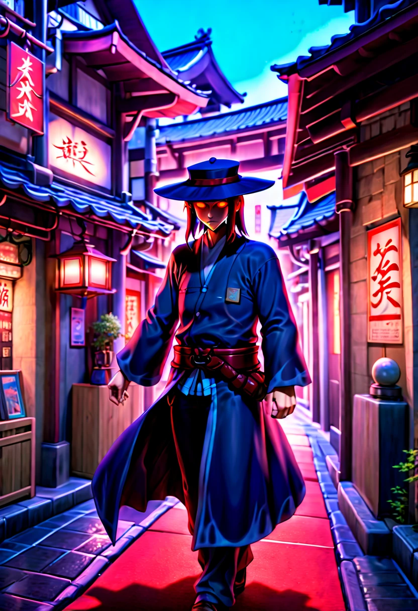 caleb,anime artwork,tokyo street,hat,red glowing eyes,ghibli style,extremely detailed,martial pose,full body,hdr,vivid colors,ultra-fine painting,physically-based rendering,8k, super detail, ccurate, best quality, best quality, high quality, super detail, anatomically correct, retina, UHD, masterpiece, ccurate, textured skin, high details, award winning, highres, 1080P, HD,drop shadow, anaglyph, stereogram, tachi-e, pov, atmospheric perspective, 8k, super detail, ccurate, best quality, background magical city fantasy rpg europe