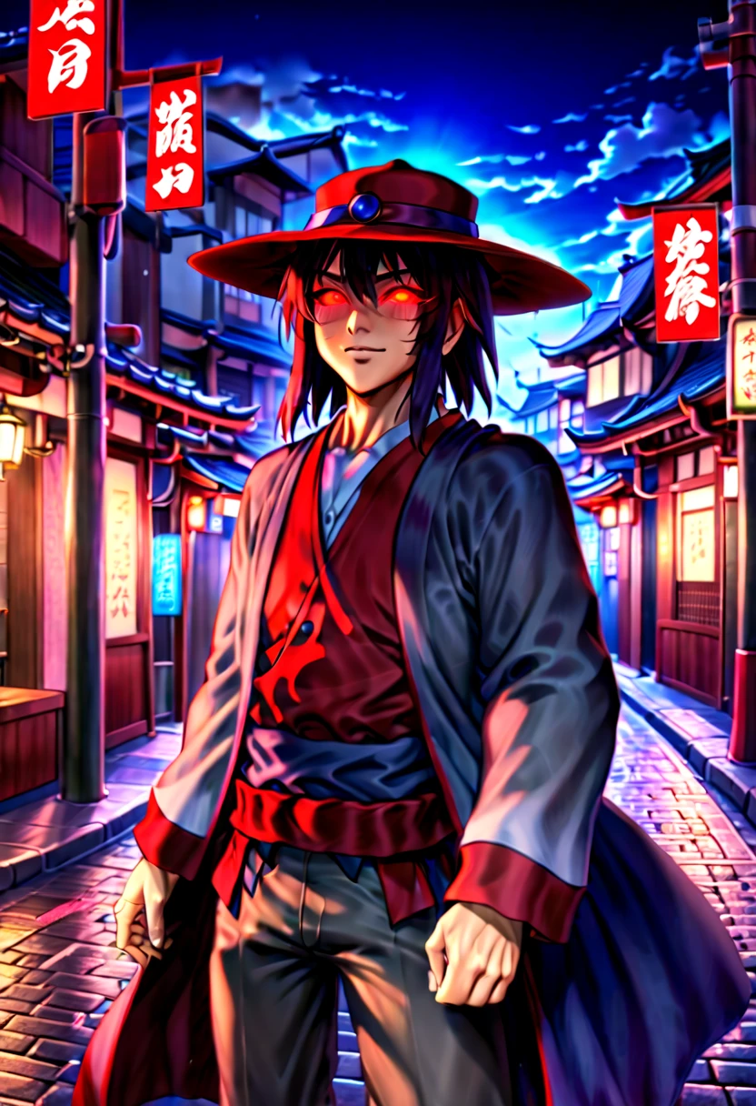 caleb,anime artwork,tokyo street,hat,red glowing eyes,ghibli style,extremely detailed,martial pose,full body,hdr,vivid colors,ultra-fine painting,physically-based rendering,8k, super detail, ccurate, best quality, best quality, high quality, super detail, anatomically correct, retina, UHD, masterpiece, ccurate, textured skin, high details, award winning, highres, 1080P, HD,drop shadow, anaglyph, stereogram, tachi-e, pov, atmospheric perspective, 8k, super detail, ccurate, best quality, background magical city fantasy rpg europe