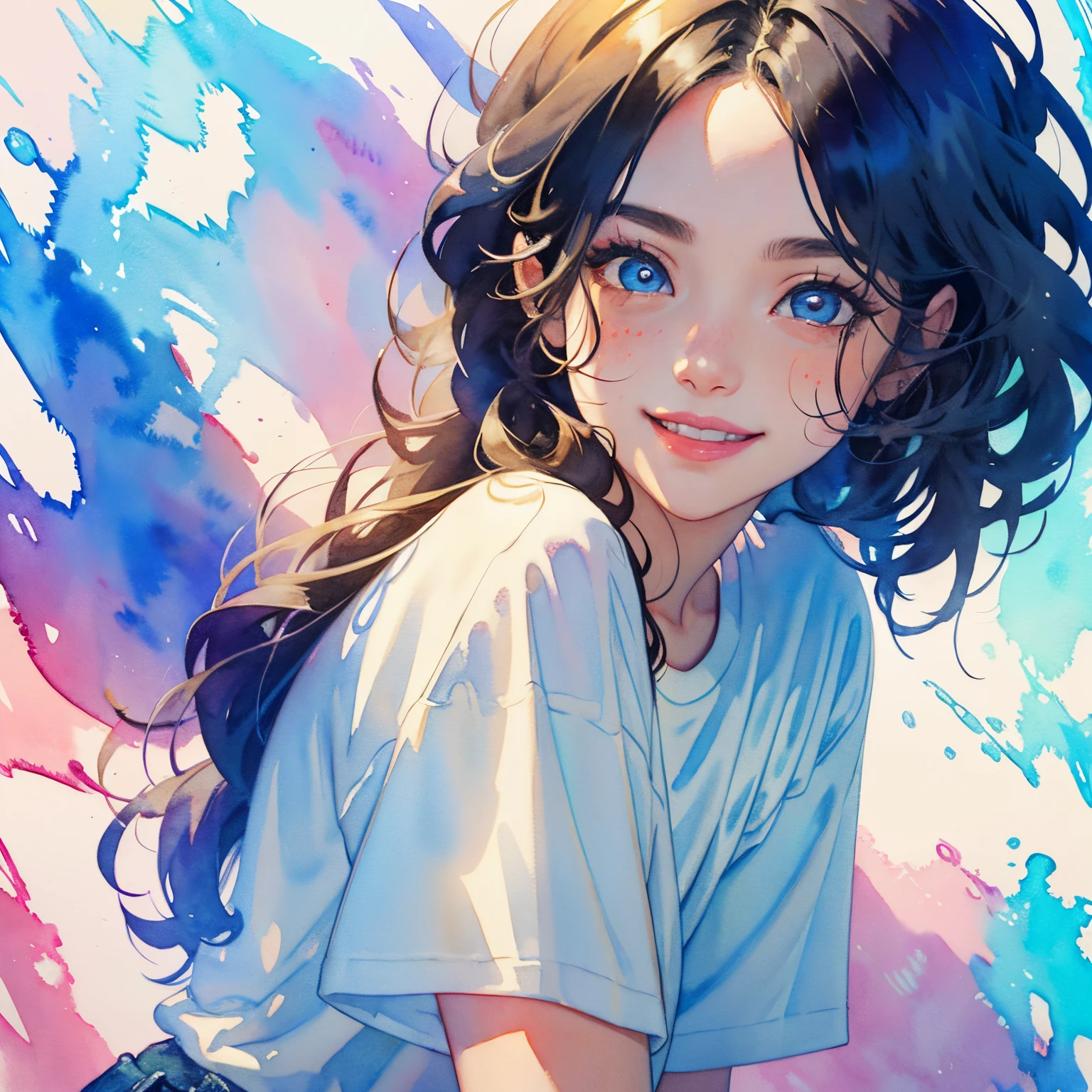 white backgrounid、White t-shirt and jeans shorts, Upper body center, multi color hair, Moisturized eyes, Big happy smile, Watercolor art, Watercolor painting, watercolor painting style, watercolor detailed art, watercolor digital painting, Watercolor Paint, Superbly detailed watercolor, Watercolor art,A Japanese Lady,18year old, Long hair,