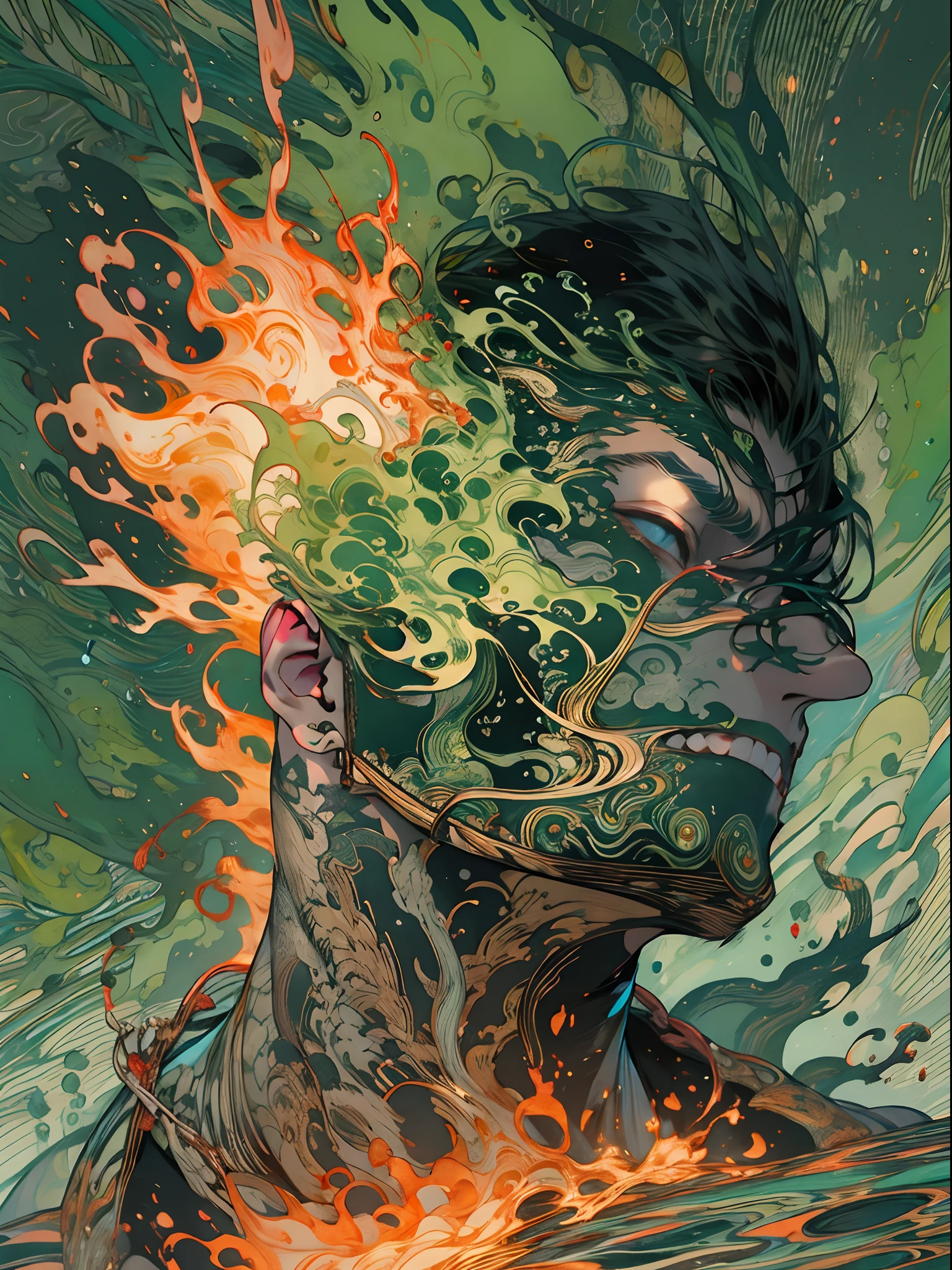 un primer plano de un hombre con fuego verde en la cabeza y torso, humano resplandeciente, Como se ilustra en Top Cow Comics, Brillando en poder, Sosteniendo fuego verde, Hoja de alma verde brillante,esqueleto,esqueleto humano,huesesos,deretirse,nuclear,(1hombre)