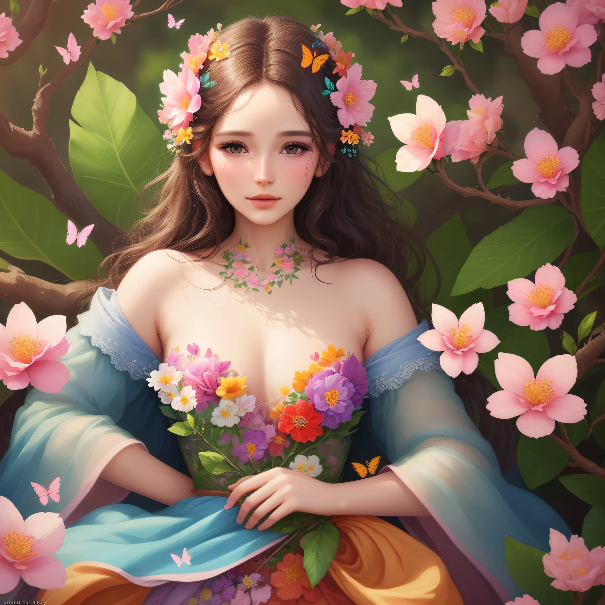 (best quality,4k,HD),colorful and delicate flowers on her skin, butterflies flying through her nose, branches of plants rising up her cheekbones, delicacy, beauty, digital art