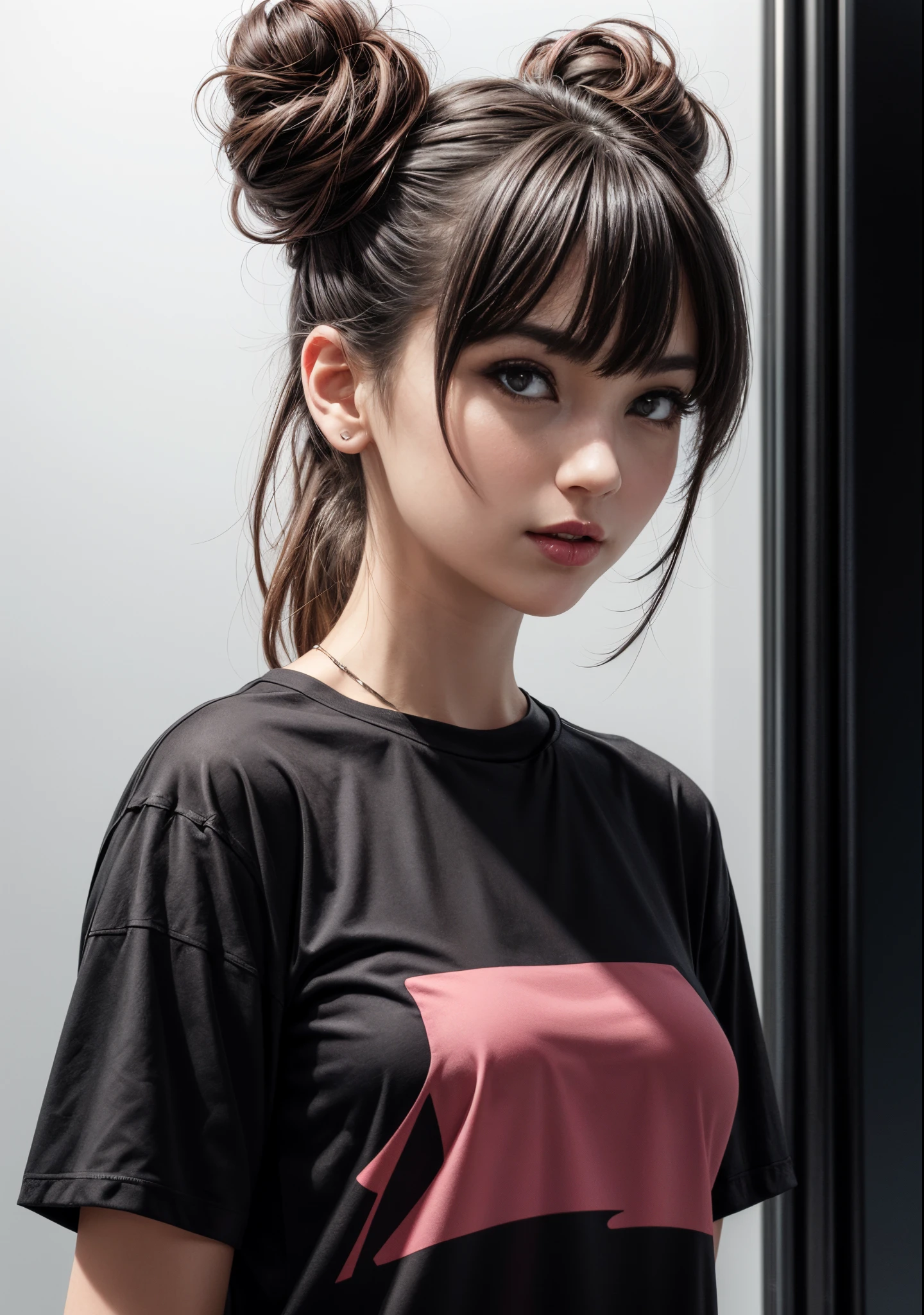 medium shot, (cell shading style: 1.3), centered image, ultra detailed illustration of cute white 23 year old female , black double bun hair and bangs, wears a pink t-shirt, is a vampire, Brown eyes. (tetradic colors), inkpunk, (ink lines: 1.1), strong outlines, art by MSchiffer, bold strokes, no frame, high contrast, (cel-shaded: 1.1), vector, 32k resolution, best quality, colors flat, flat lights