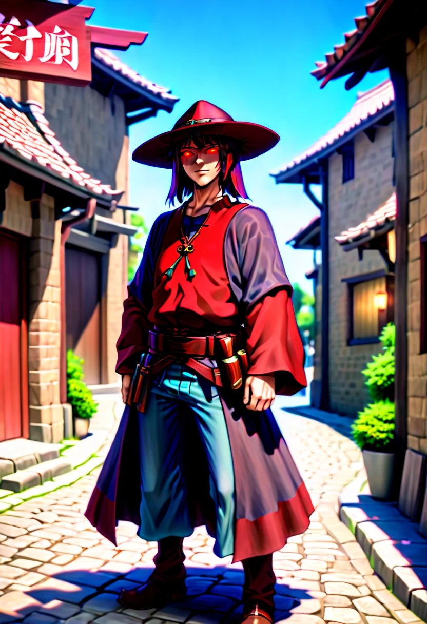 caleb,anime artwork,tokyo street,hat,red glowing eyes,ghibli style,extremely detailed,martial pose,full body,hdr,vivid colors,ultra-fine painting,physically-based rendering,8k, super detail, ccurate, best quality, best quality, high quality, super detail, anatomically correct, retina, UHD, masterpiece, ccurate, textured skin, high details, award winning, highres, 1080P, HD,drop shadow, anaglyph, stereogram, tachi-e, pov, atmospheric perspective, 8k, super detail, ccurate, best quality, background  medieval western village