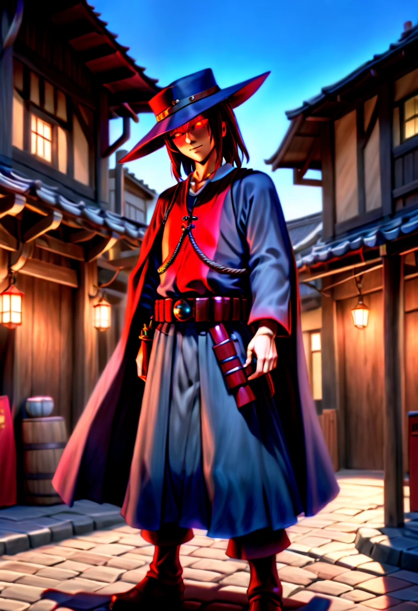 caleb,anime artwork,tokyo street,hat,red glowing eyes,ghibli style,extremely detailed,martial pose,full body,hdr,vivid colors,ultra-fine painting,physically-based rendering,8k, super detail, ccurate, best quality, best quality, high quality, super detail, anatomically correct, retina, UHD, masterpiece, ccurate, textured skin, high details, award winning, highres, 1080P, HD,drop shadow, anaglyph, stereogram, tachi-e, pov, atmospheric perspective, 8k, super detail, ccurate, best quality, background  medieval western village