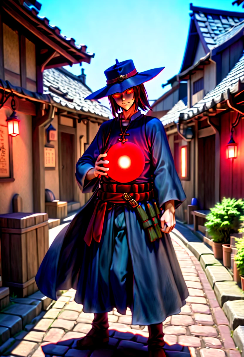 caleb,anime artwork,tokyo street,hat,red glowing eyes,ghibli style,extremely detailed,martial pose,full body,hdr,vivid colors,ultra-fine painting,physically-based rendering,8k, super detail, ccurate, best quality, best quality, high quality, super detail, anatomically correct, retina, UHD, masterpiece, ccurate, textured skin, high details, award winning, highres, 1080P, HD,drop shadow, anaglyph, stereogram, tachi-e, pov, atmospheric perspective, 8k, super detail, ccurate, best quality, background  medieval western village