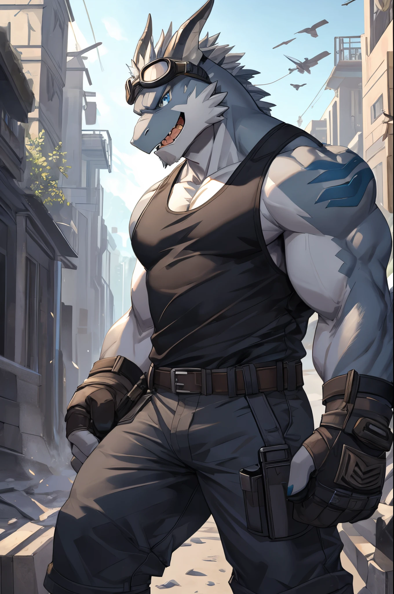 Masterpiece, Solo, Cool Pose, Furry Gray Dragon, Medium Muscular Body, Blue Eyes, Grey Medium Hair, Combat Tank Top, Combat Gloves, Combat Short Pants, Goggles, Fierce, Manly, Charming, Joy Expression, Good looking