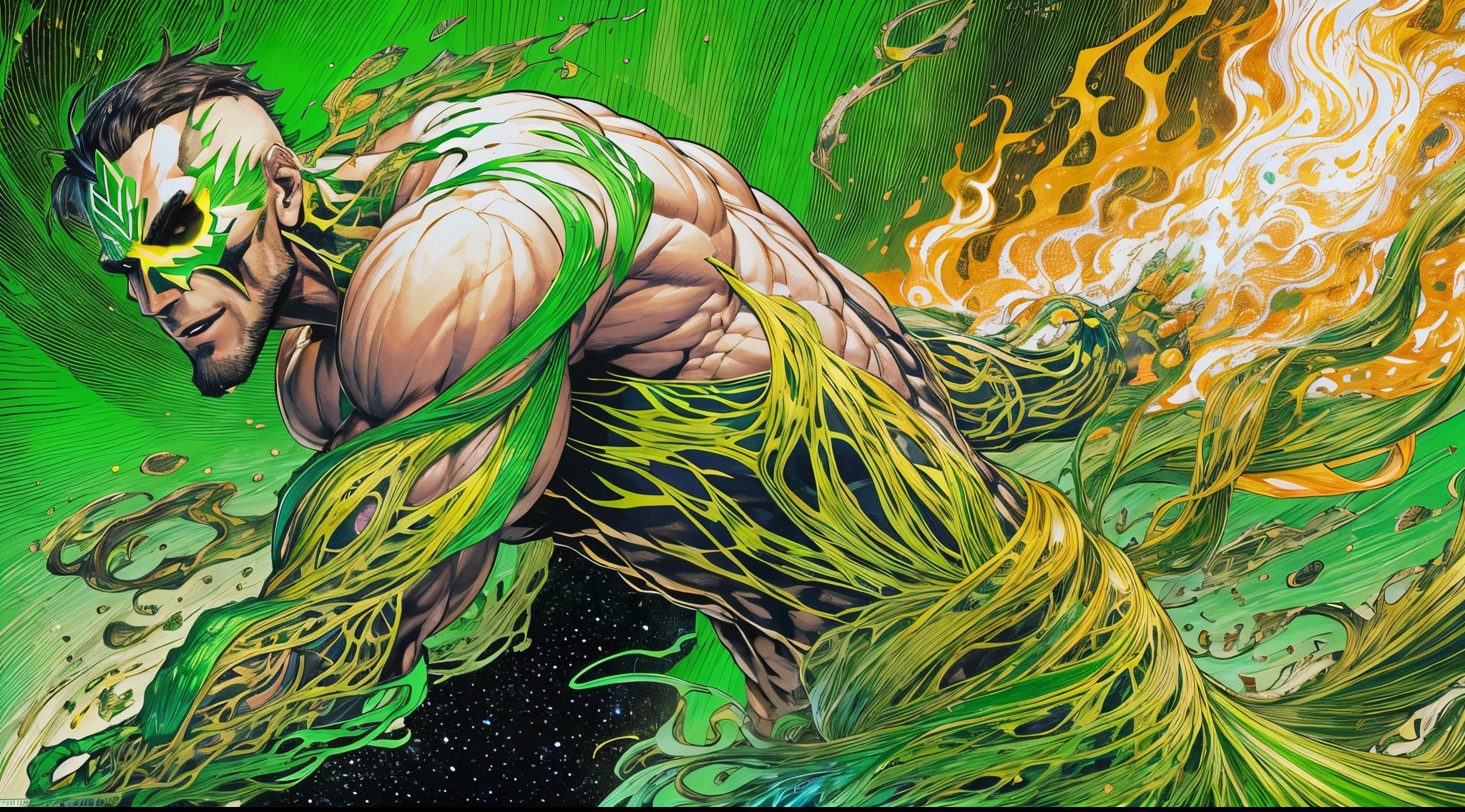 un primer plano de un hombre con fuego verde en la cabeza y torso, humano resplandeciente, Como se ilustra en Top Cow Comics, Brillando en poder, Sosteniendo fuego verde, Hoja de alma verde brillante,esqueleto,esqueleto humano,huesesos,deretirse,nuclear,(fuego verde),hueso