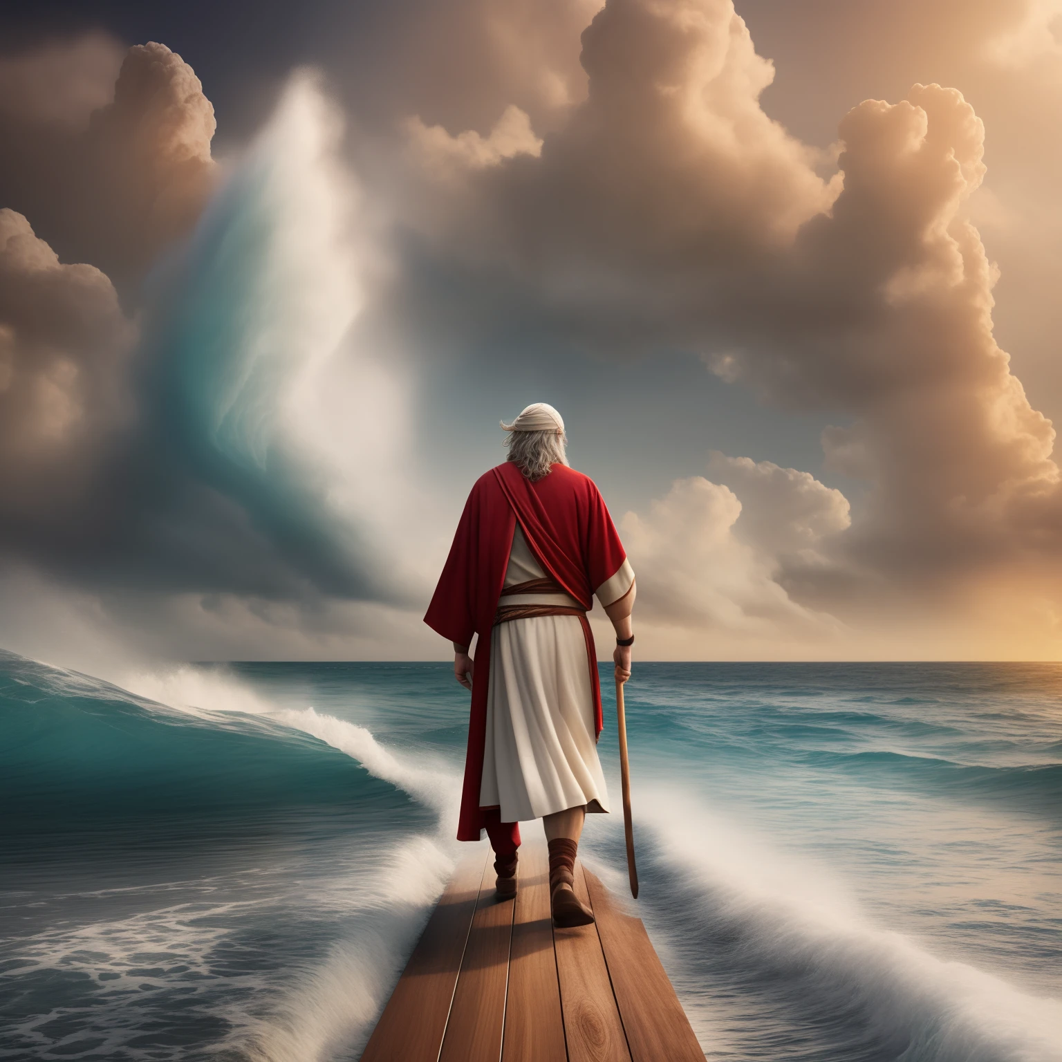 A realistic Moses from the back, with a red robe and white hair from the biblical story, holding a large flat wooden staff, walking on a sea that moves in waves, cinematic realistic photographic style, ratio: [1024x1024] resolution: [1:1] quality UHD --auto --s2