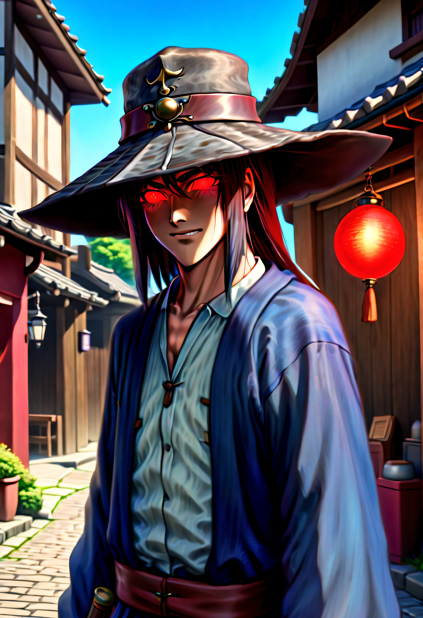 caleb,anime artwork,tokyo street,hat,red glowing eyes,ghibli style,extremely detailed,martial pose,full body,hdr,vivid colors,ultra-fine painting,physically-based rendering,8k, super detail, ccurate, best quality, best quality, high quality, super detail, anatomically correct, retina, UHD, masterpiece, ccurate, textured skin, high details, award winning, highres, 1080P, HD,drop shadow, anaglyph, stereogram, tachi-e, pov, atmospheric perspective, 8k, super detail, ccurate, best quality, background  medieval western village