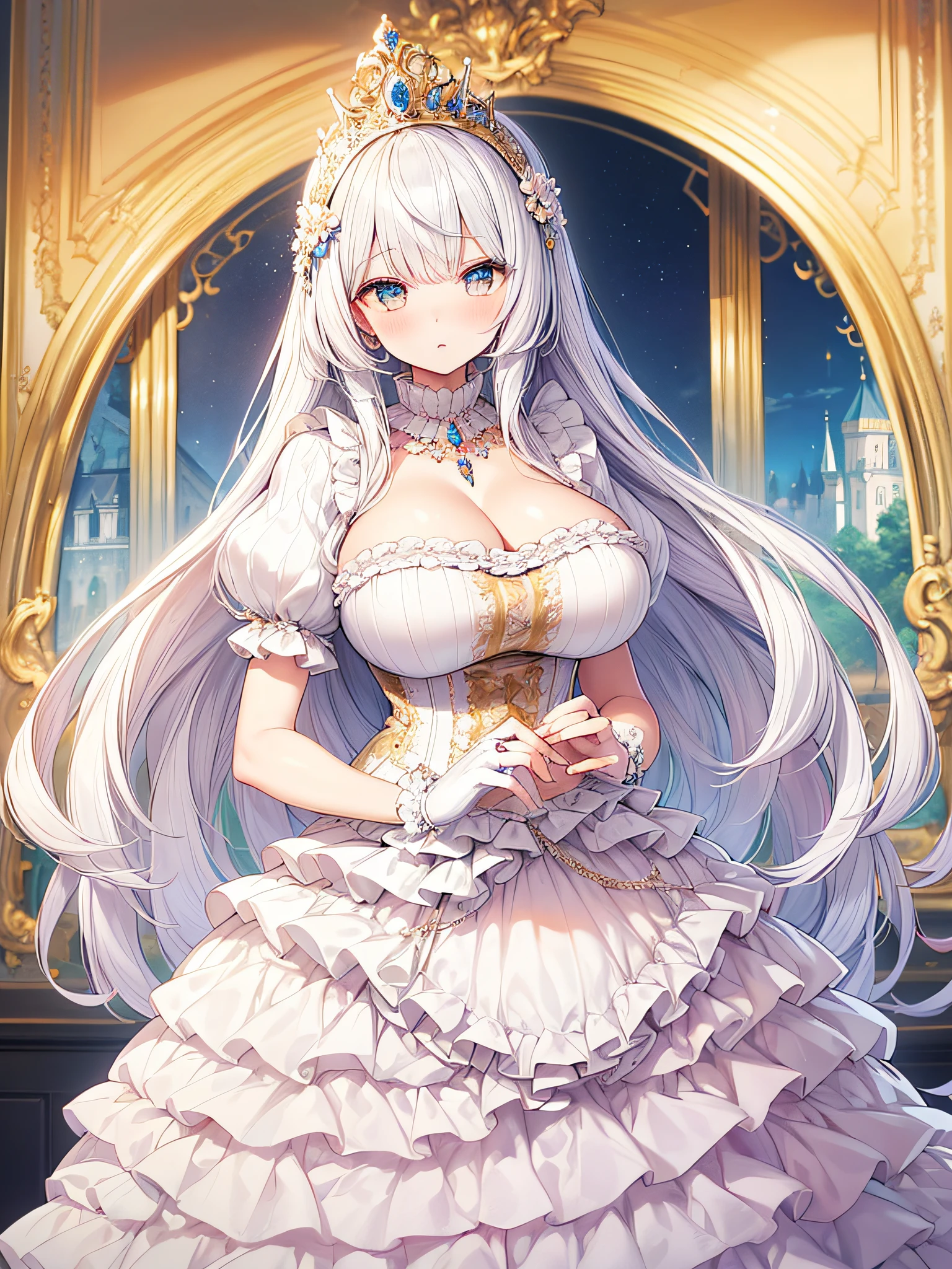 anime artstyle,Masterpiece,(Best Quality), (Super Detail),(Very Delicate and Beautiful),(Solo),((full body portrait)),full body,full body portrait,(detailed face and eyes),jewel-like beautiful eyes,((frilled rococo ballgown)),((1 princess in a beautiful embroidery and jeweled gorgeous rococo ballgown with voluminous full length hoop skirt)),((Crinoline)),super detailed gorgeous rococo ballgown with frilled voluminous full length hoop skirt,((large amount of straight hair,extremely voluminous Very Long straight Hair,Absolutely Long Straight Hair)),(gigantic boobs),cleavage,(fantasy castle,outdoors,outside the castle),long_gloves,extremely gorgeousfull hair ornament,bling-bling extremely gorgeousfull jeweled tiara,((luxurious jewelry)),full body portrait