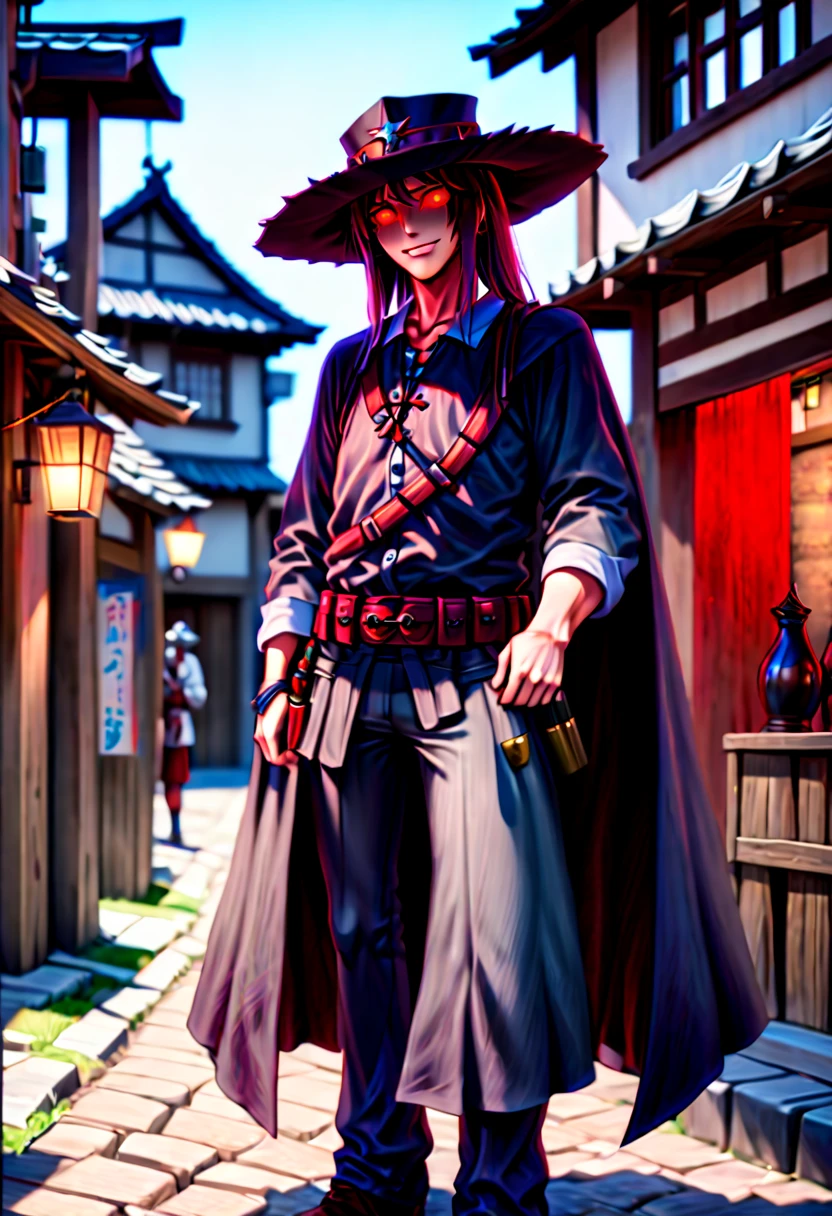 caleb,anime artwork,tokyo street,hat,red glowing eyes,style,extremely detailed,full body,hdr,vivid colors,ultra-fine painting,physically-based rendering,8k, super detail, ccurate, best quality, best quality, high quality, super detail, anatomically correct, retina, UHD, masterpiece, ccurate, textured skin, high details, award winning, highres, 1080P, HD,drop shadow, anaglyph, stereogram, tachi-e, pov, atmospheric perspective, 8k, super detail, ccurate, best quality, background medieval western village